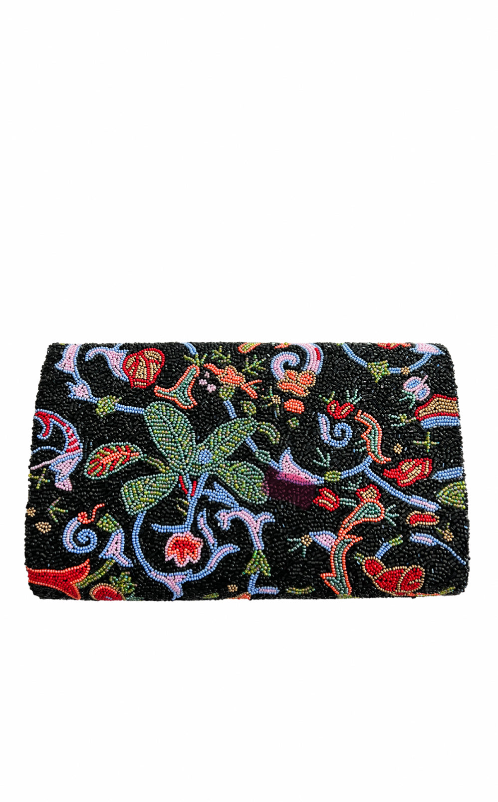 Hand beaded clutch handbag, black chinoiserie pattern