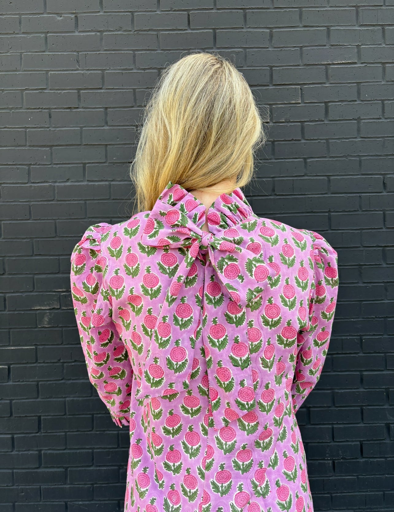 Maisie bow back top in Pink Posy block print