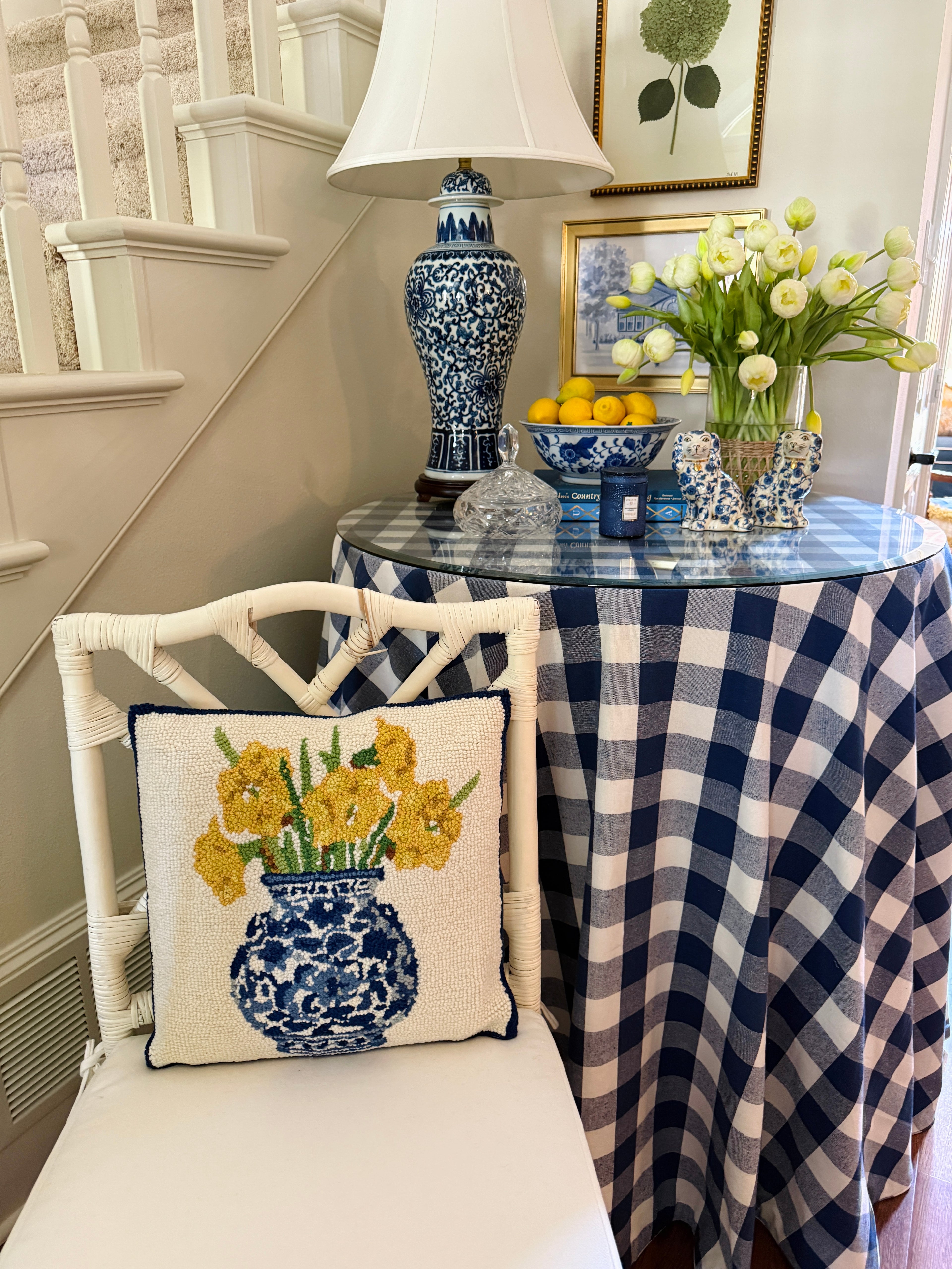 Hand hooked wool yellow daffodils and chinoiserie pillow