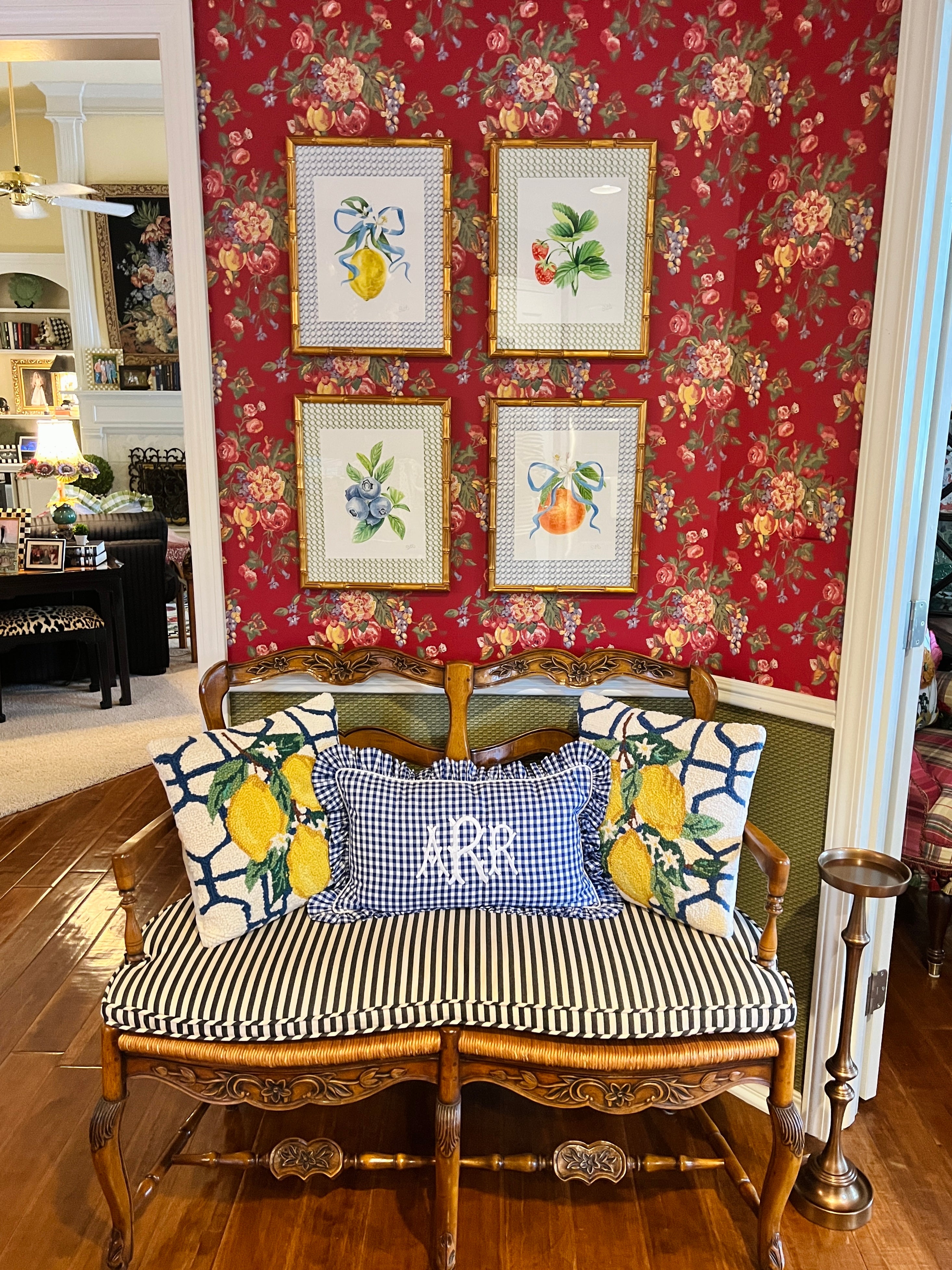 Sarah Drayton fruit art prints with fabric covered mat