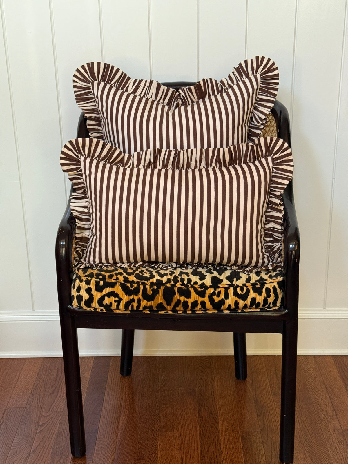 Brown and cream striped ruffle pillow cover, two sizes