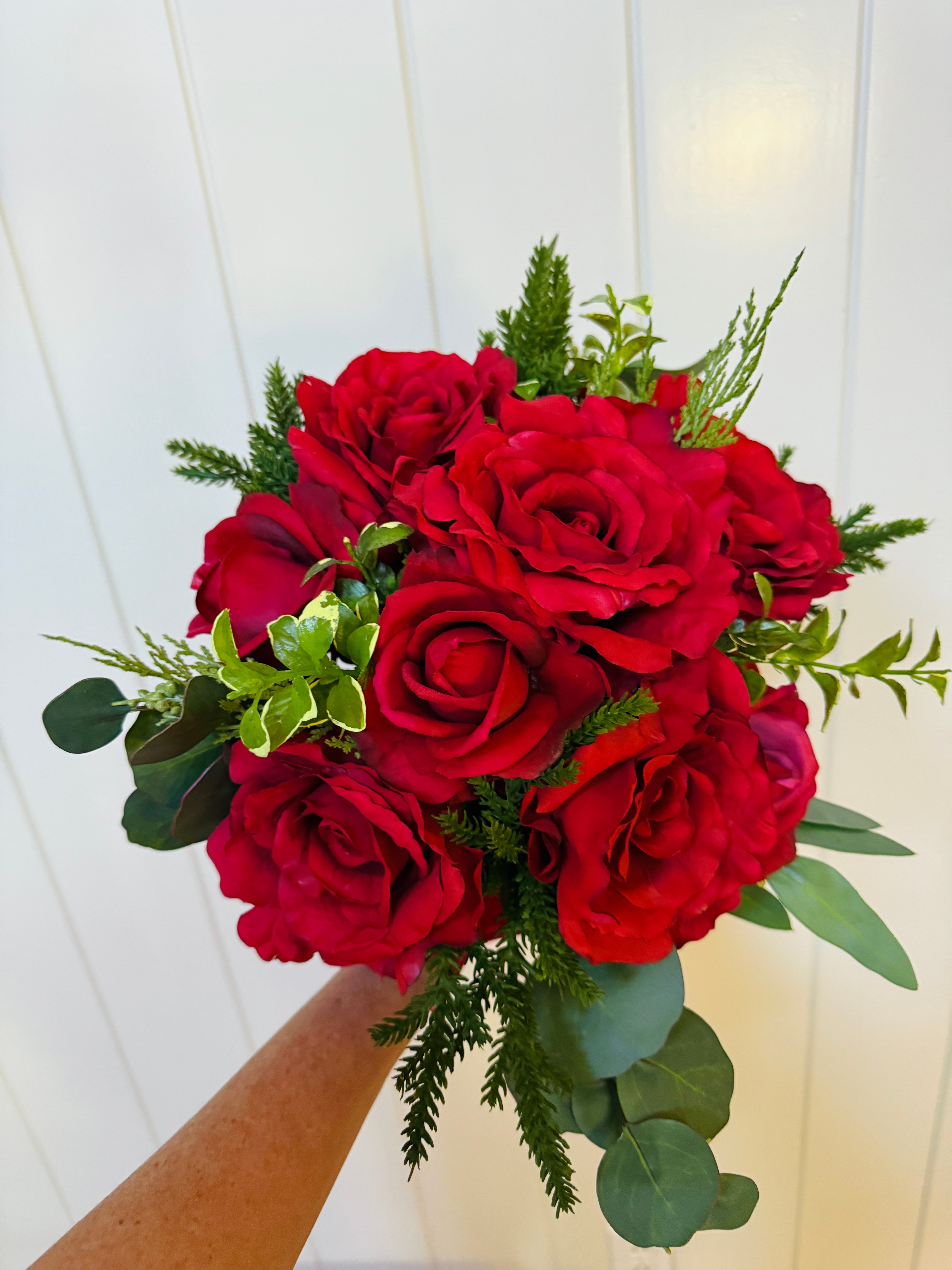 Red roses and cedar faux floral drop-in bouquet