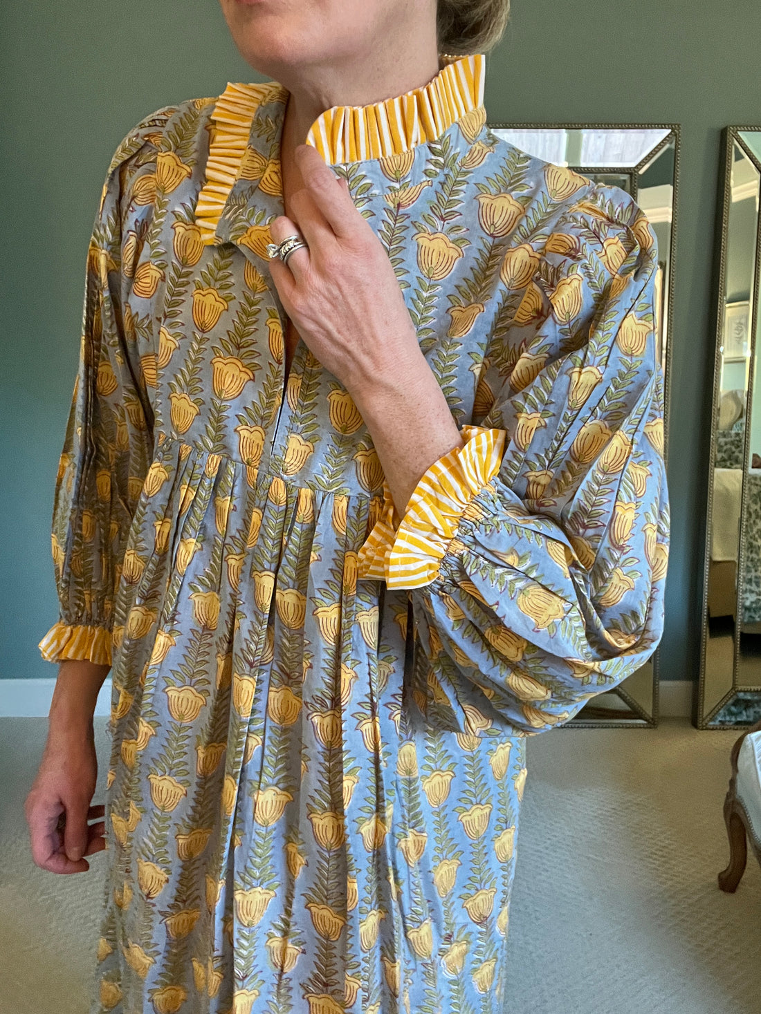 Lillie caftan maxi dress in blue and yellow buttercup block print