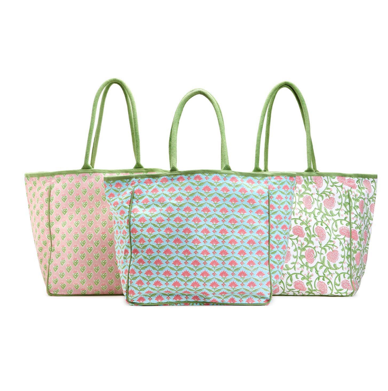 Floral block print tote bag, 3 colors, monogram available
