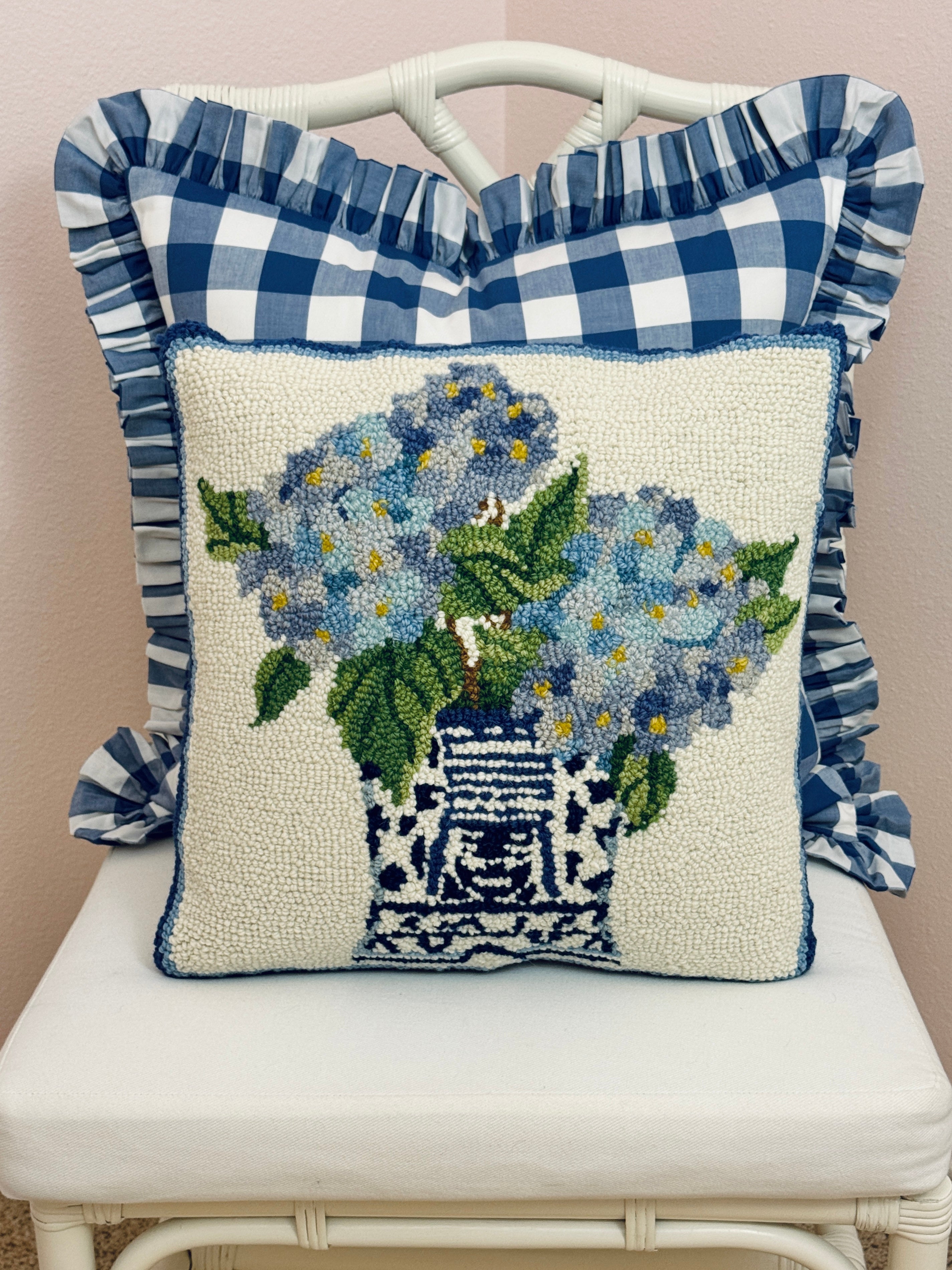 Chinoiserie hydrangeas 2 hand hooked pillow