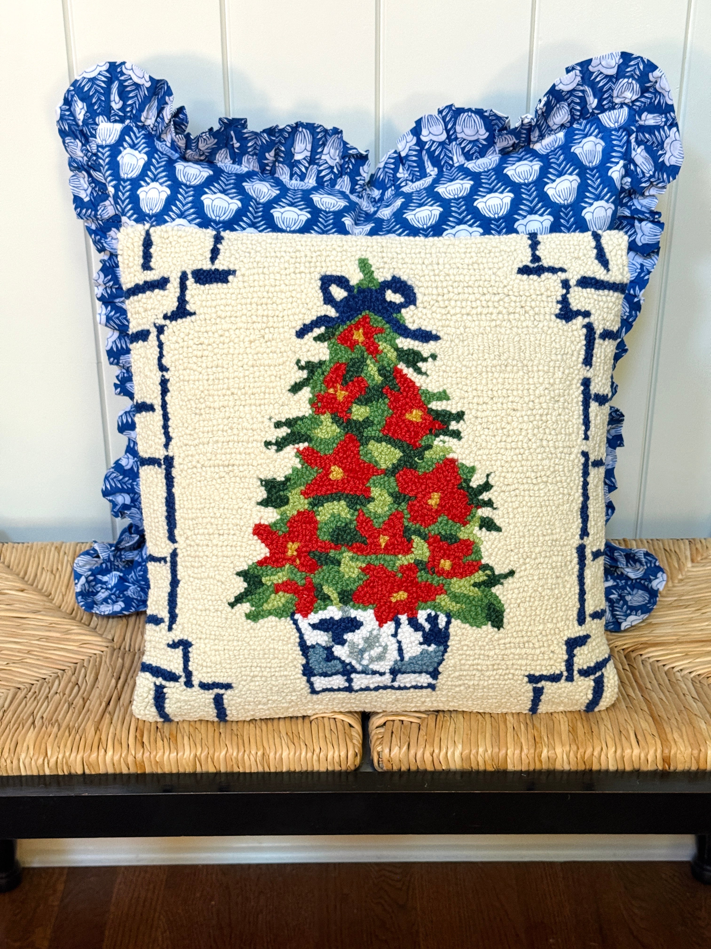 Blue and white tulip block print floral pillow cover, monogram available