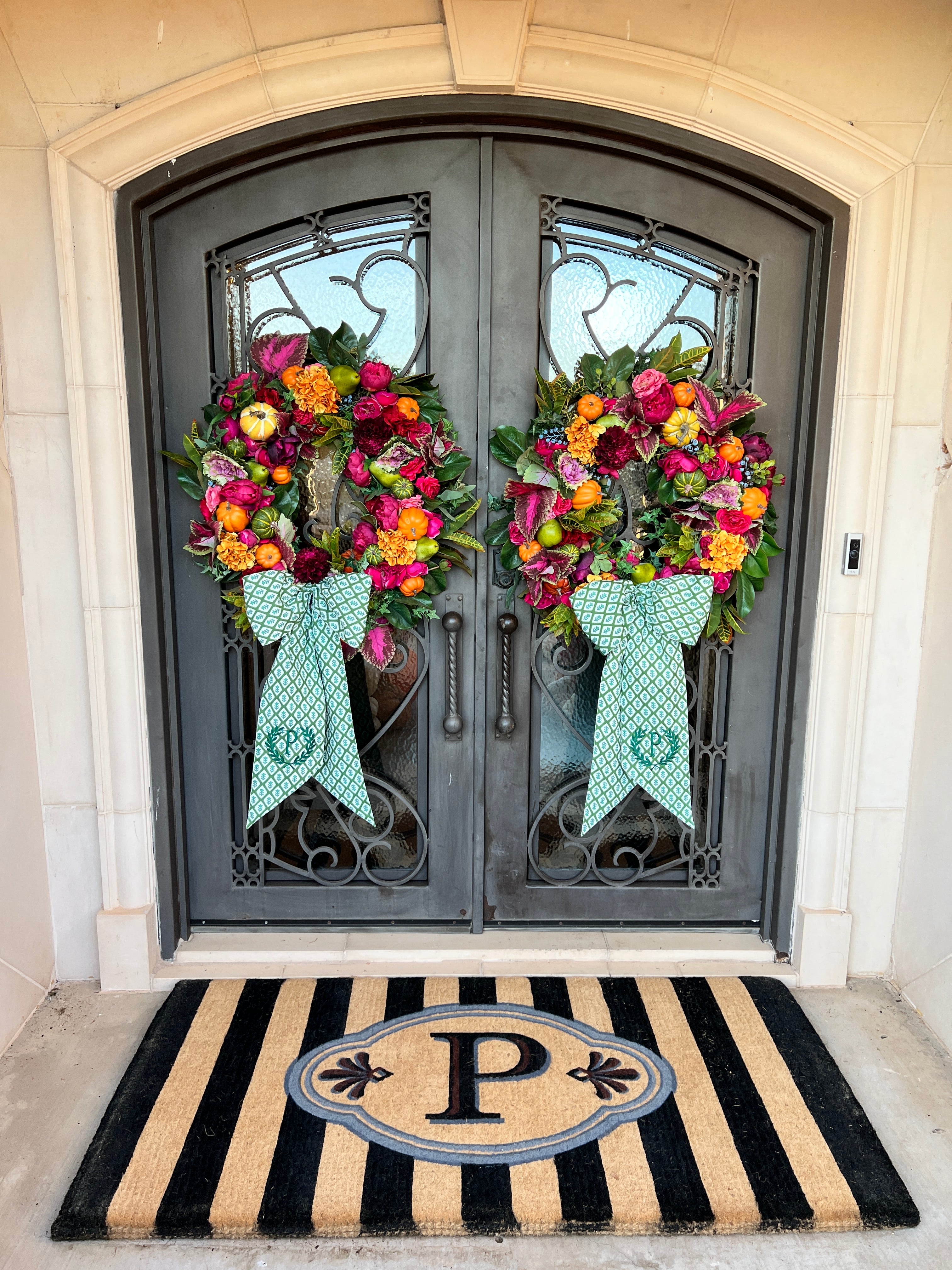 Green block print wreath sash