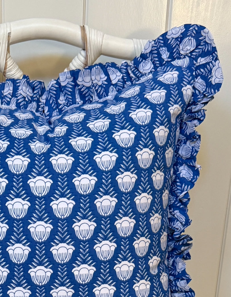 Blue and white tulip block print floral pillow cover, monogram available