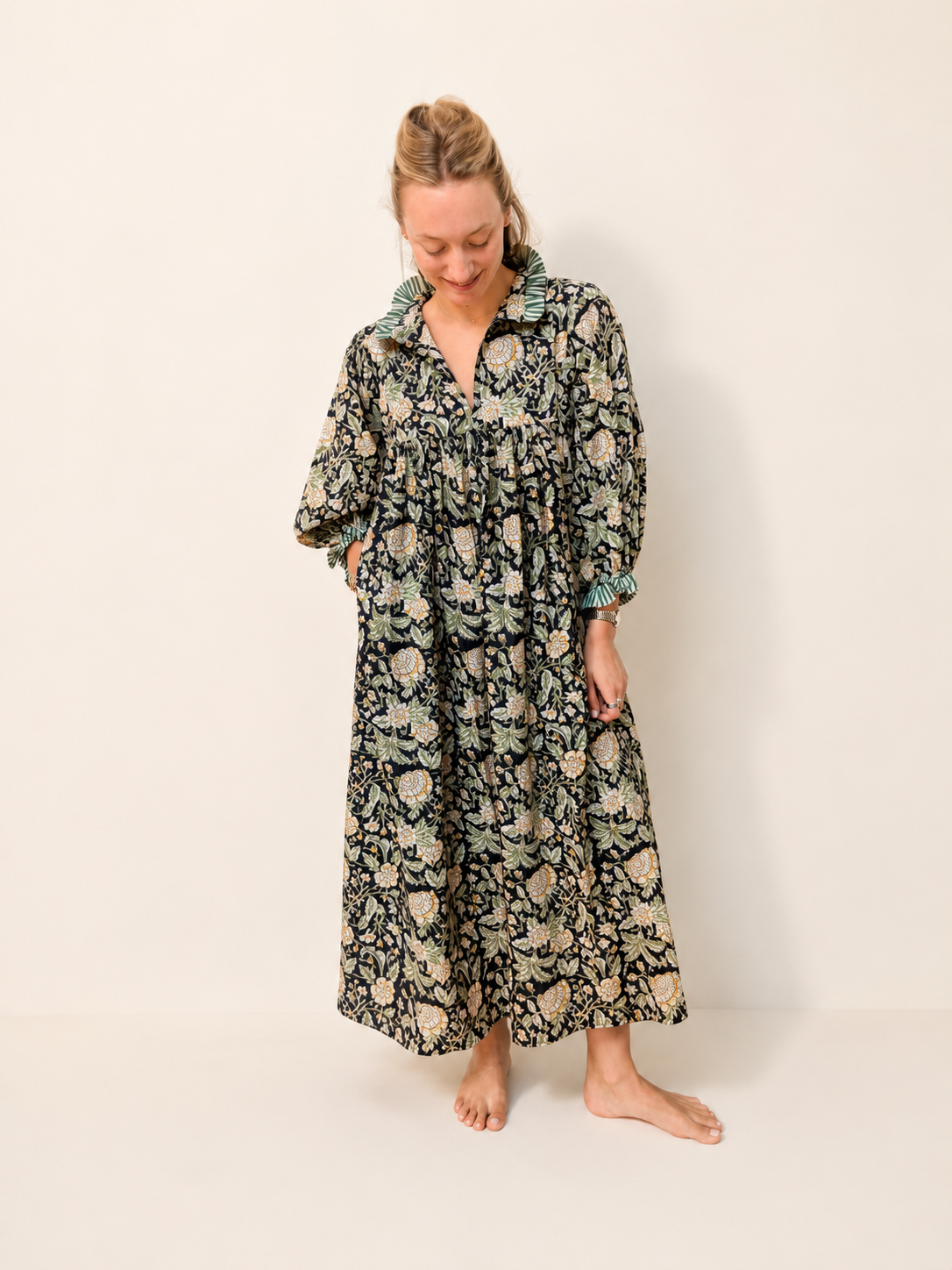 Lillie caftan maxi dress navy and yellow floral