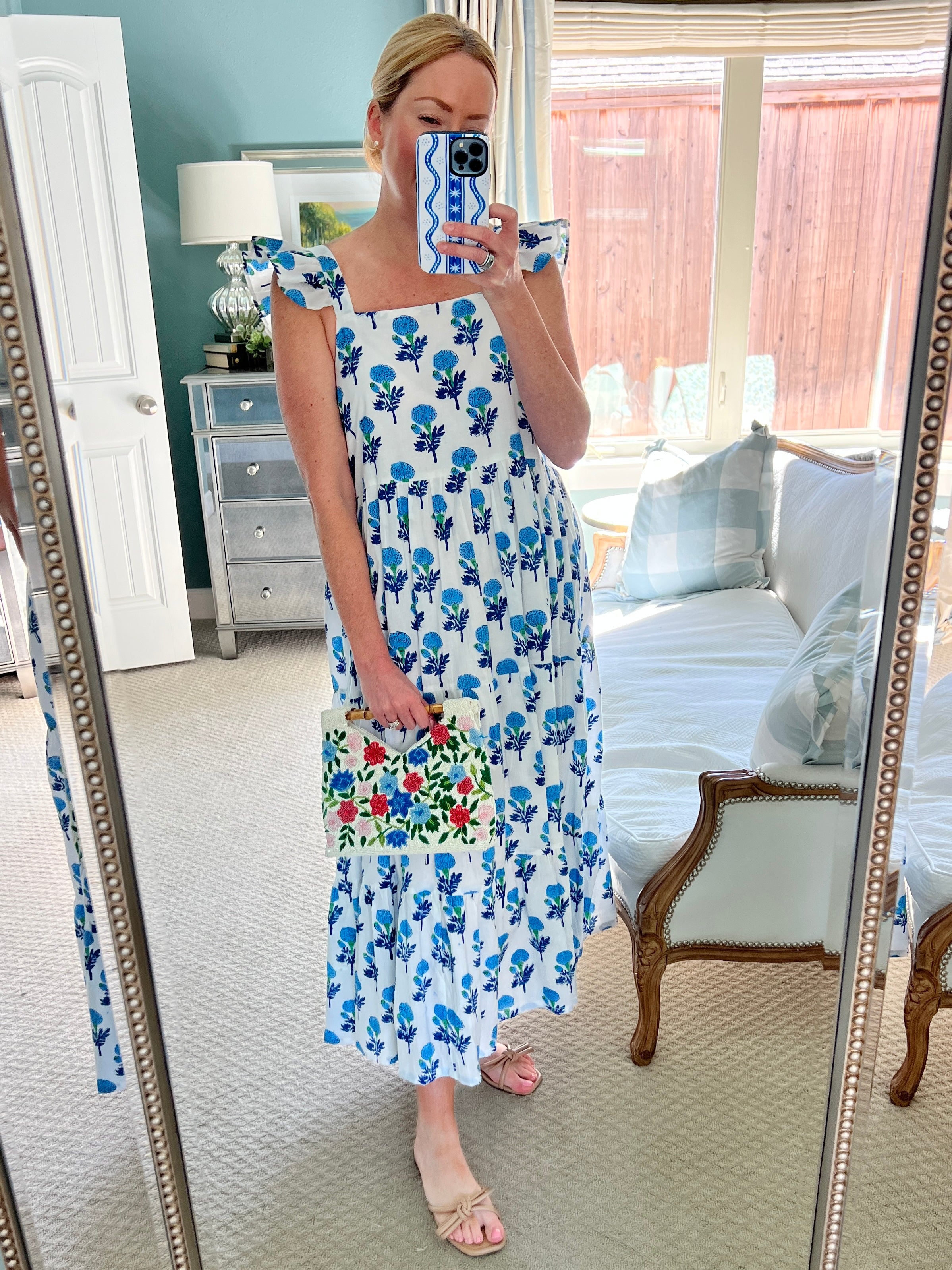 Blue and white blossom ruffle shoulder maxi sundress