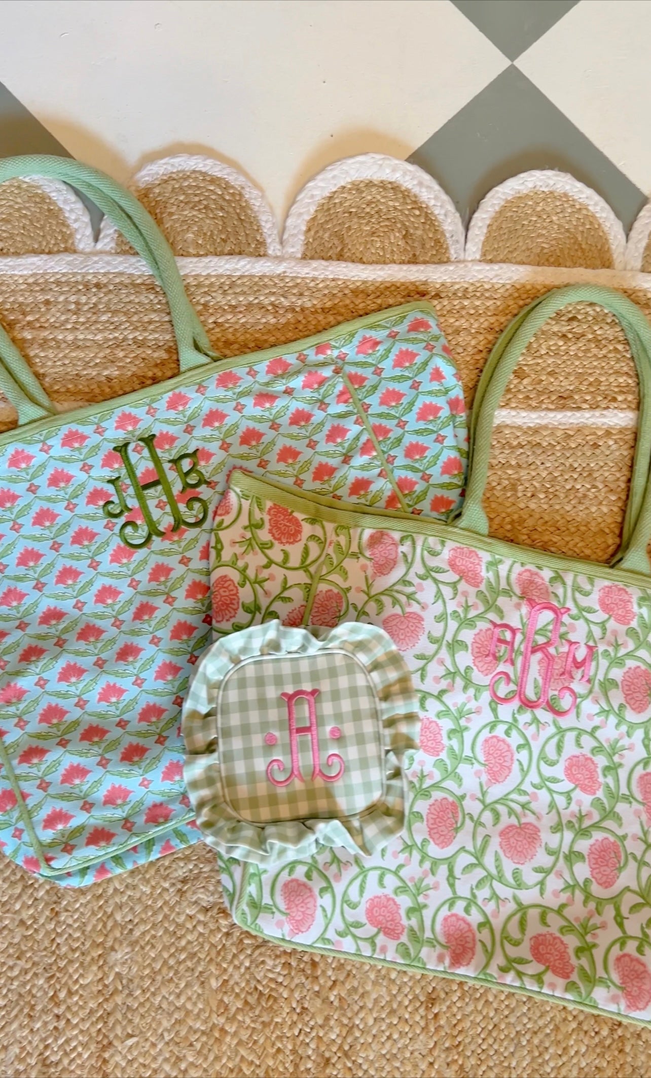 Floral block print tote bag, 3 colors, monogram available