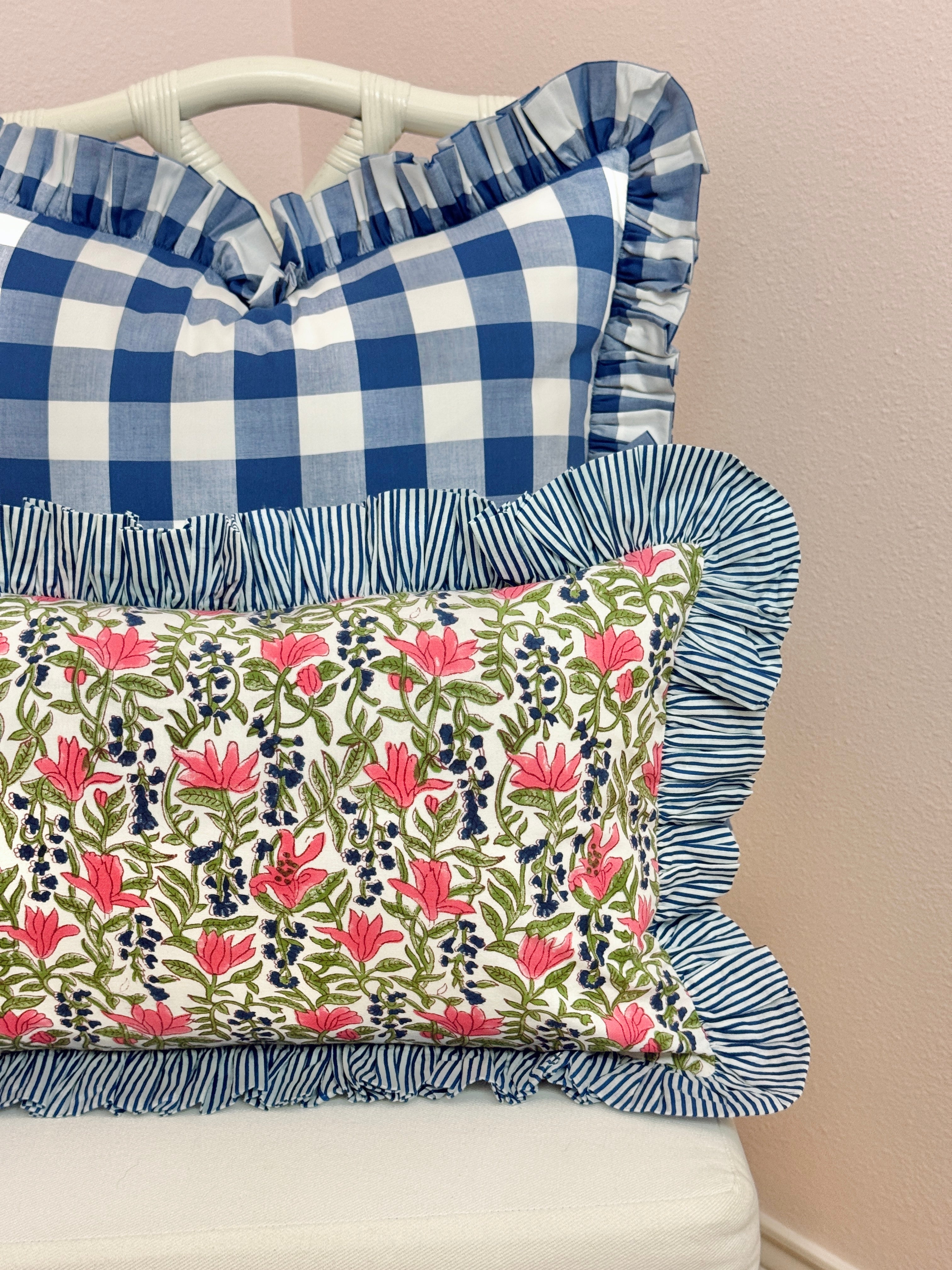 Blue, pink, and green floral pillow cover, two sizes
