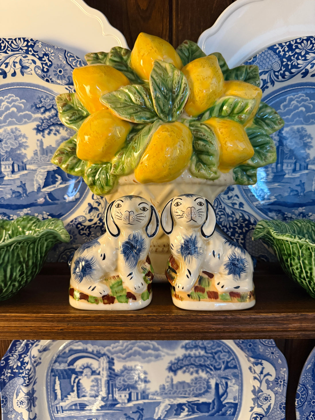 Mini blue porcelain Staffordshire bunny figurine pair