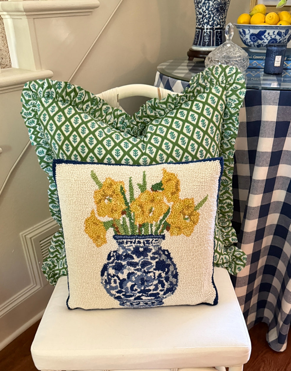 Hand hooked wool yellow daffodils and chinoiserie pillow