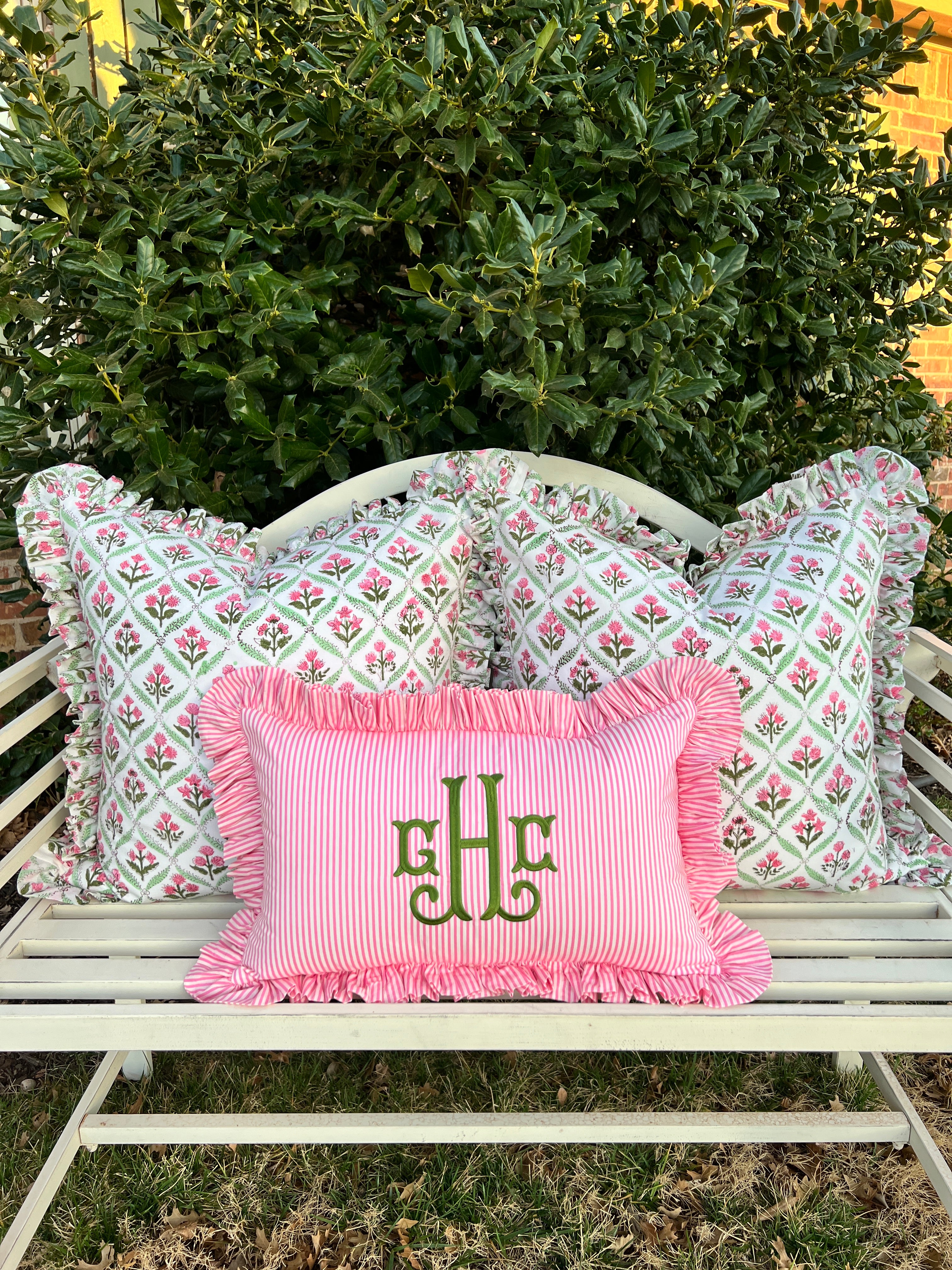 Rose and green floral trellis block print ruffle pillow cover