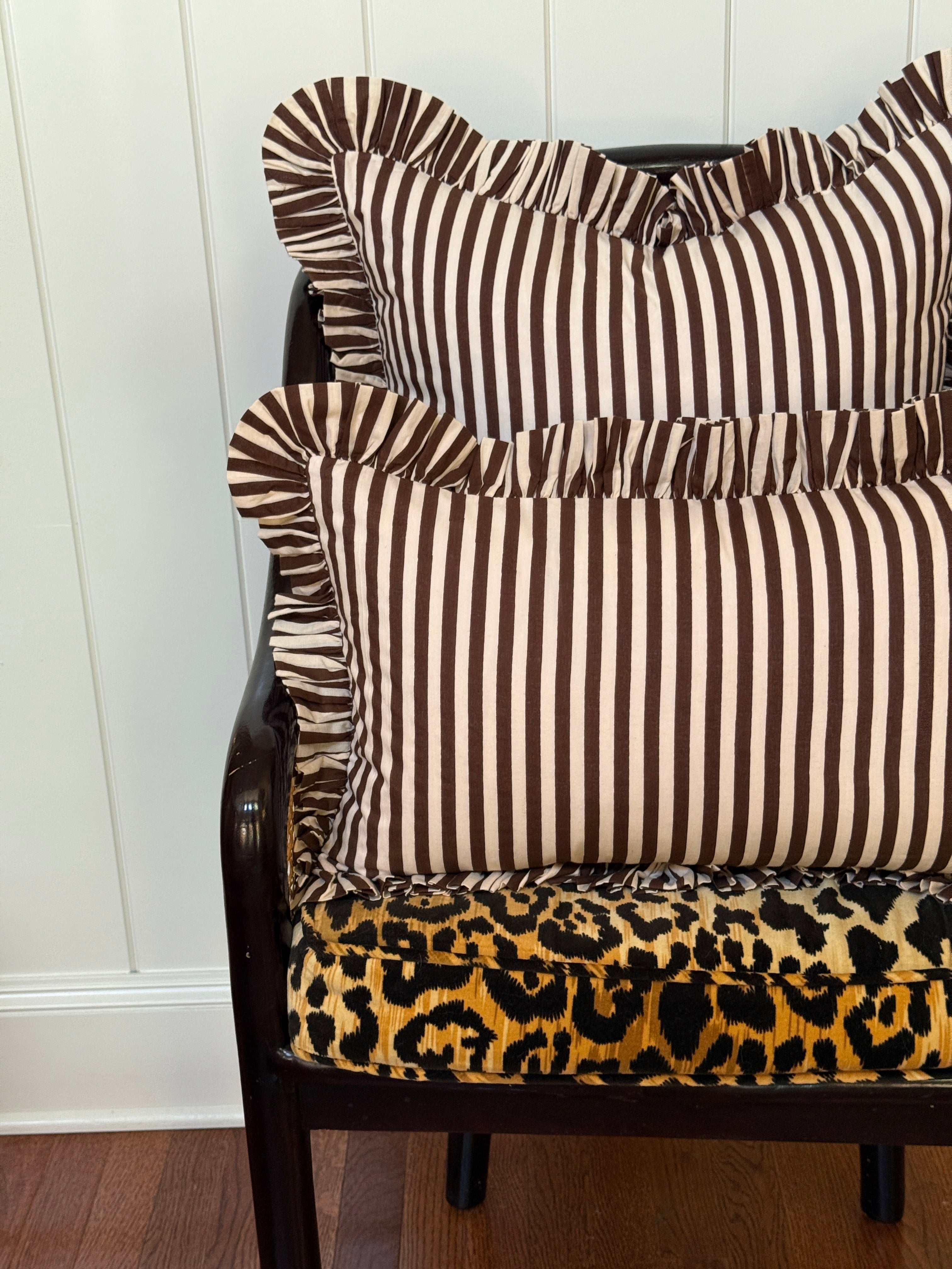 Brown and cream striped ruffle pillow cover, two sizes
