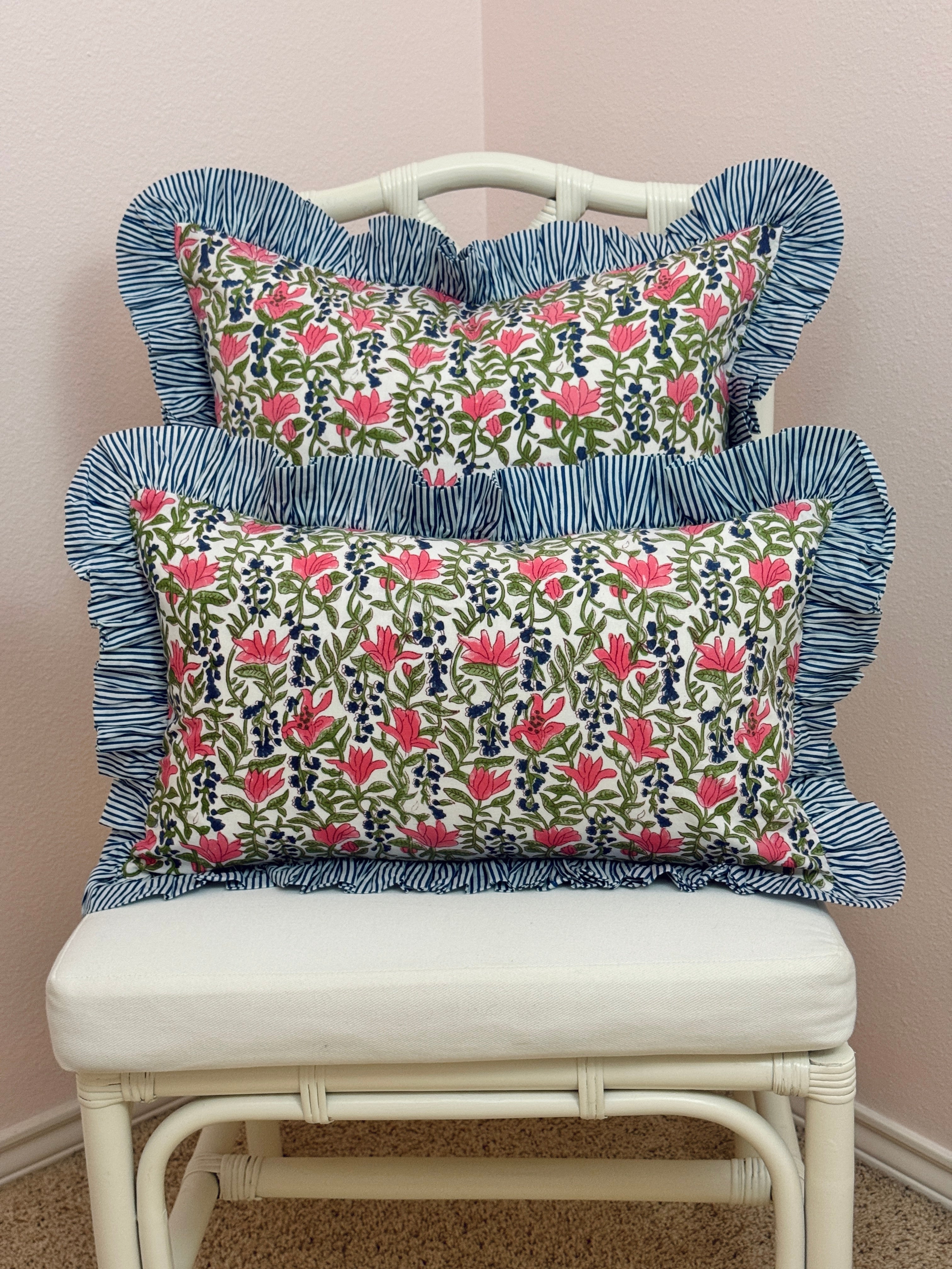 Blue, pink, and green floral pillow cover, two sizes