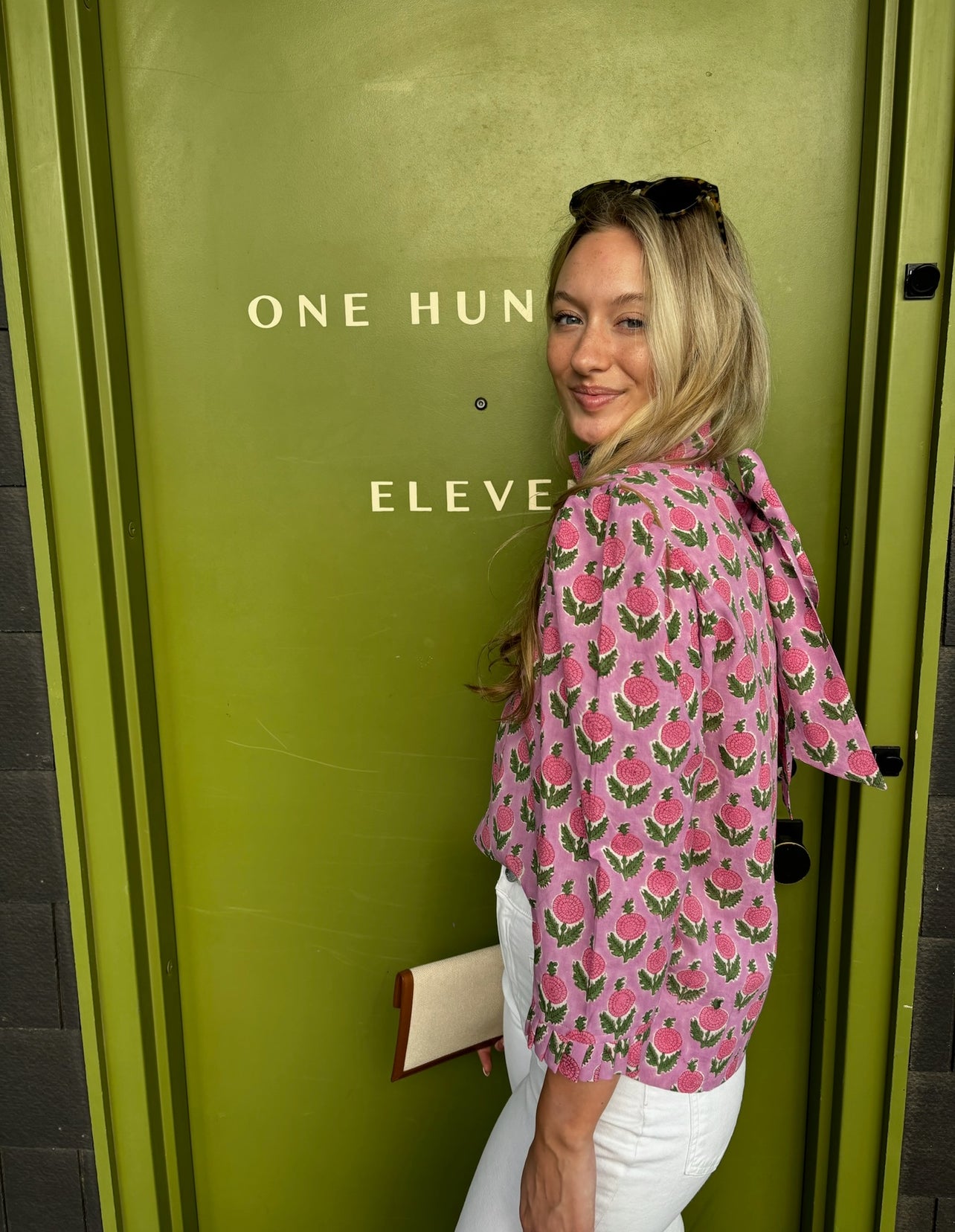 Maisie bow back top in Pink Posy block print