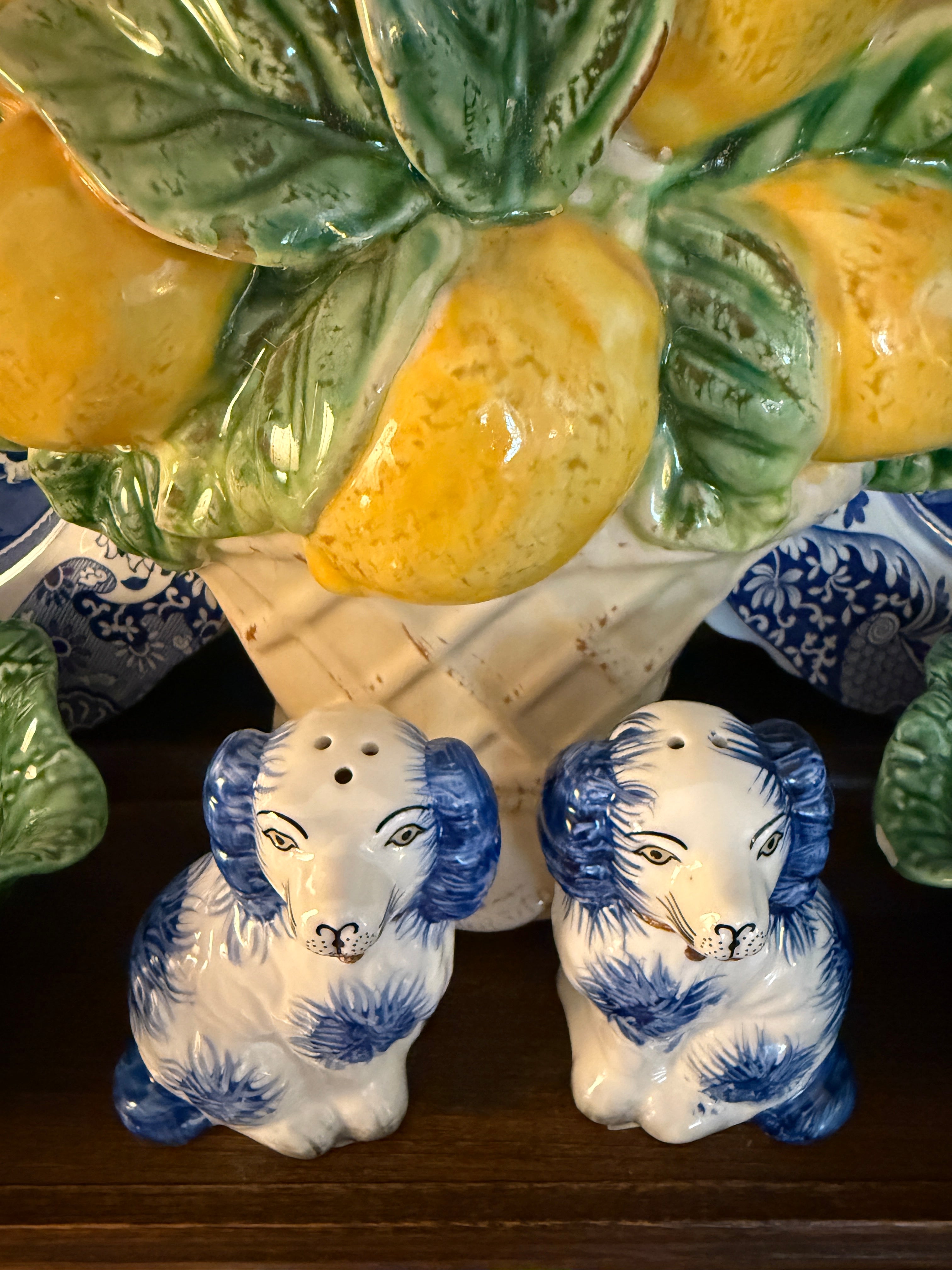 Blue porcelain Staffordshire dog salt and pepper shaker set