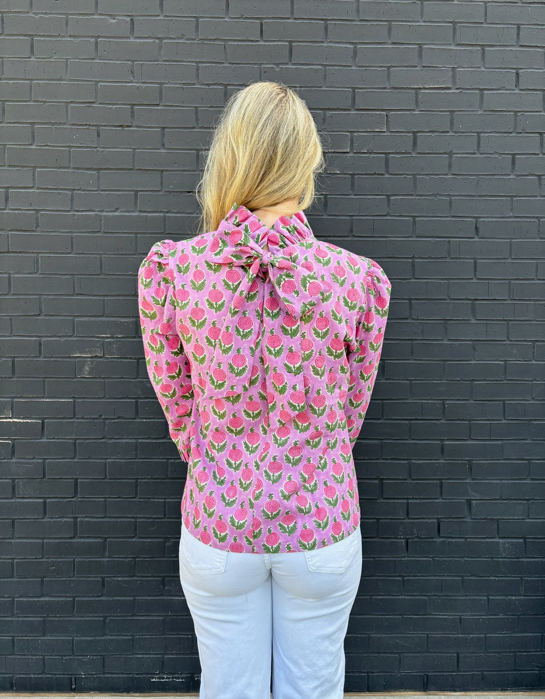 Maisie bow back top in Pink Posy block print