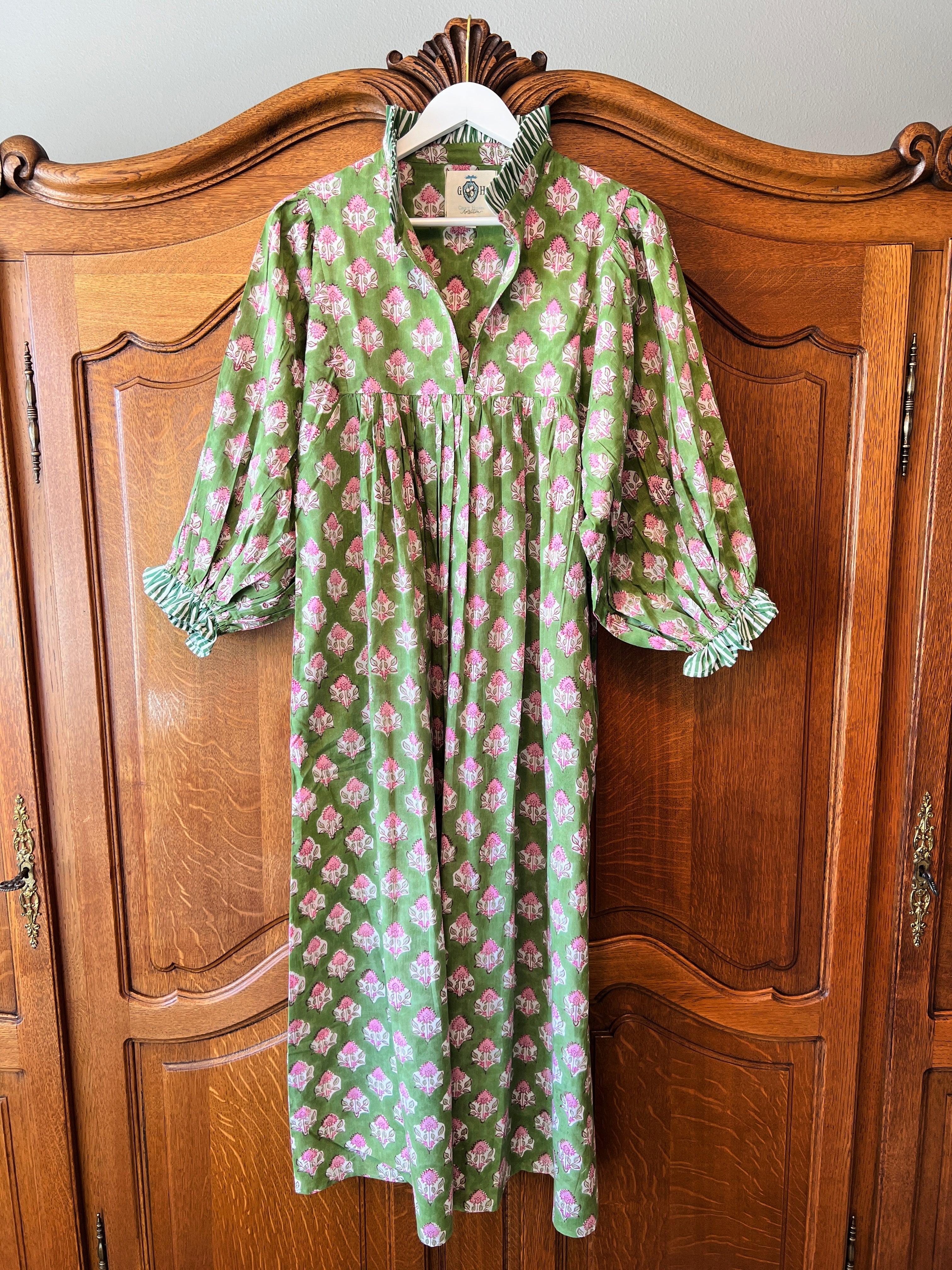 Lillie caftan maxi dress green block print Lillie caftan maxi dress green block print