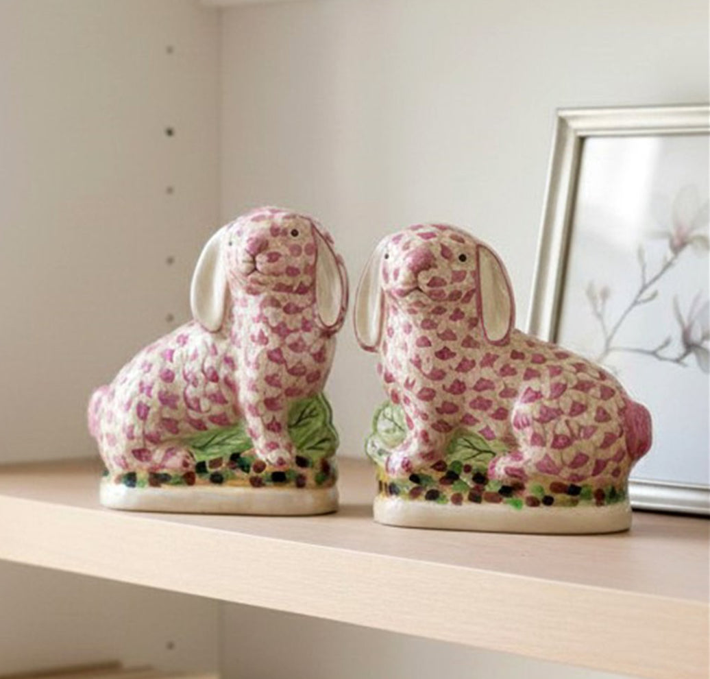 Pink fishnet Staffordshire bunny pair 8.5”