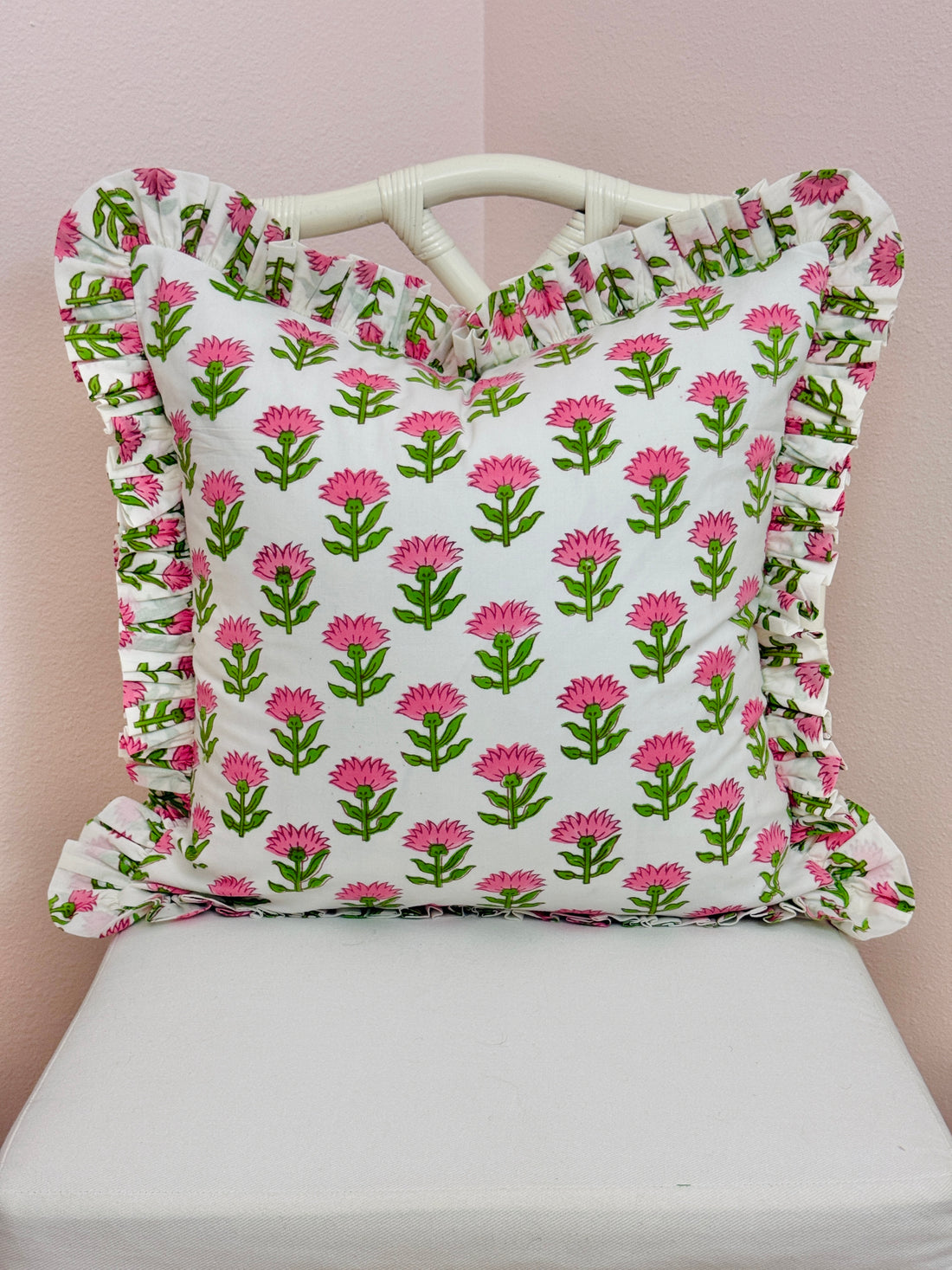 Pink and green blossom block print floral pillow cover