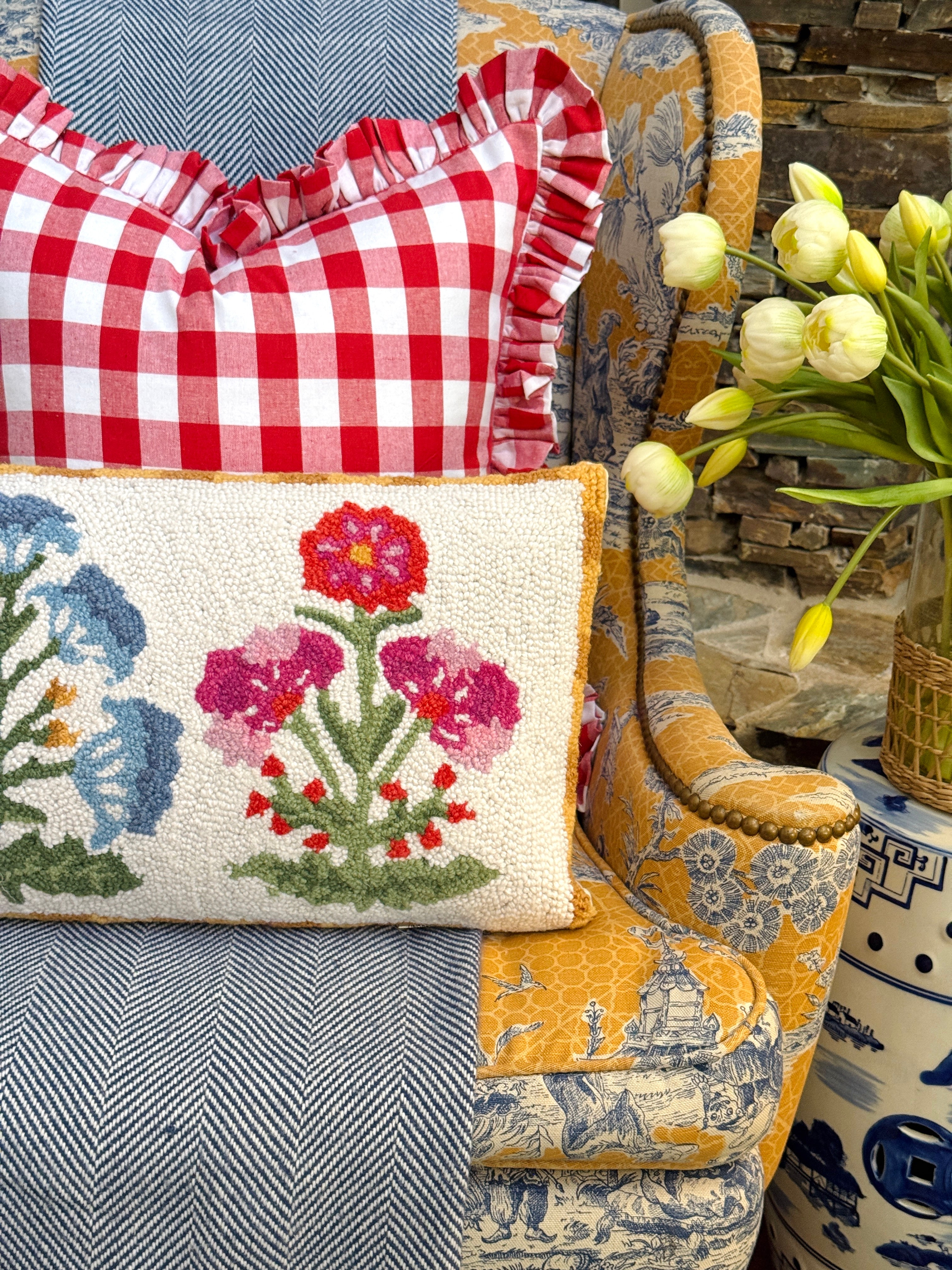 Mughal pink and blue flower hand hooked lumbar pillow