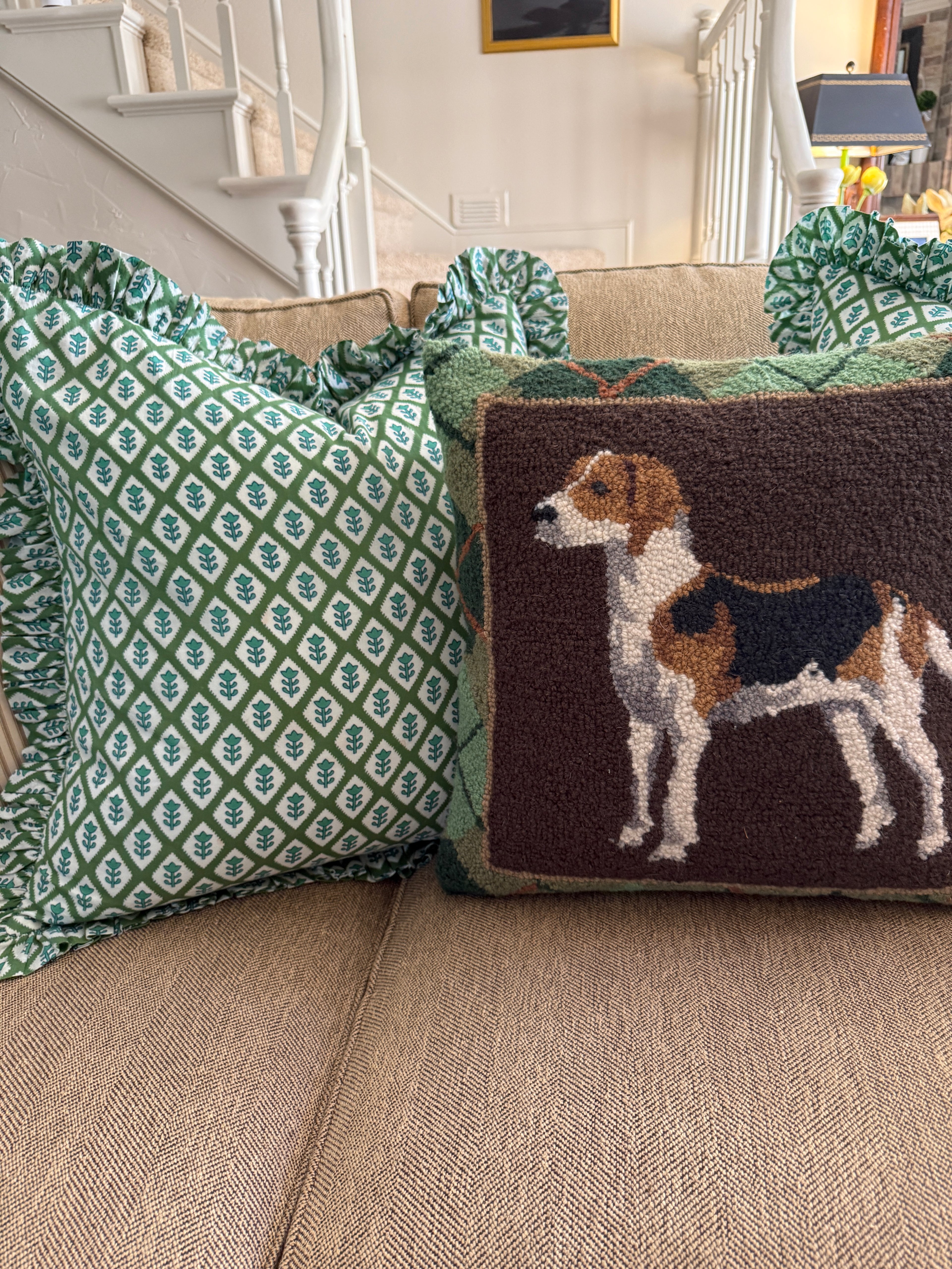 Hand hooked wool foxhound dog pillow