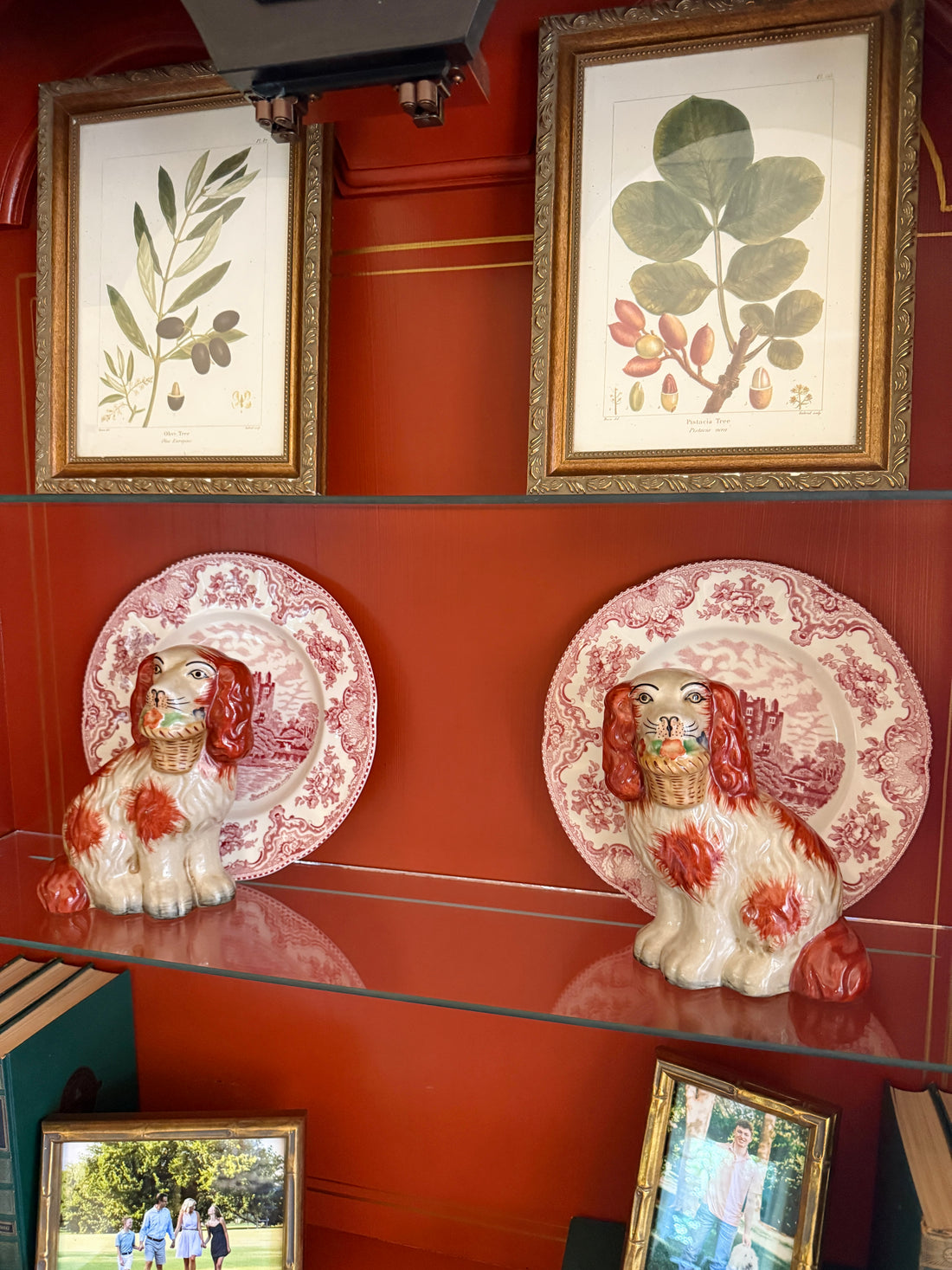 Staffordshire dog pair with flower baskets- rust