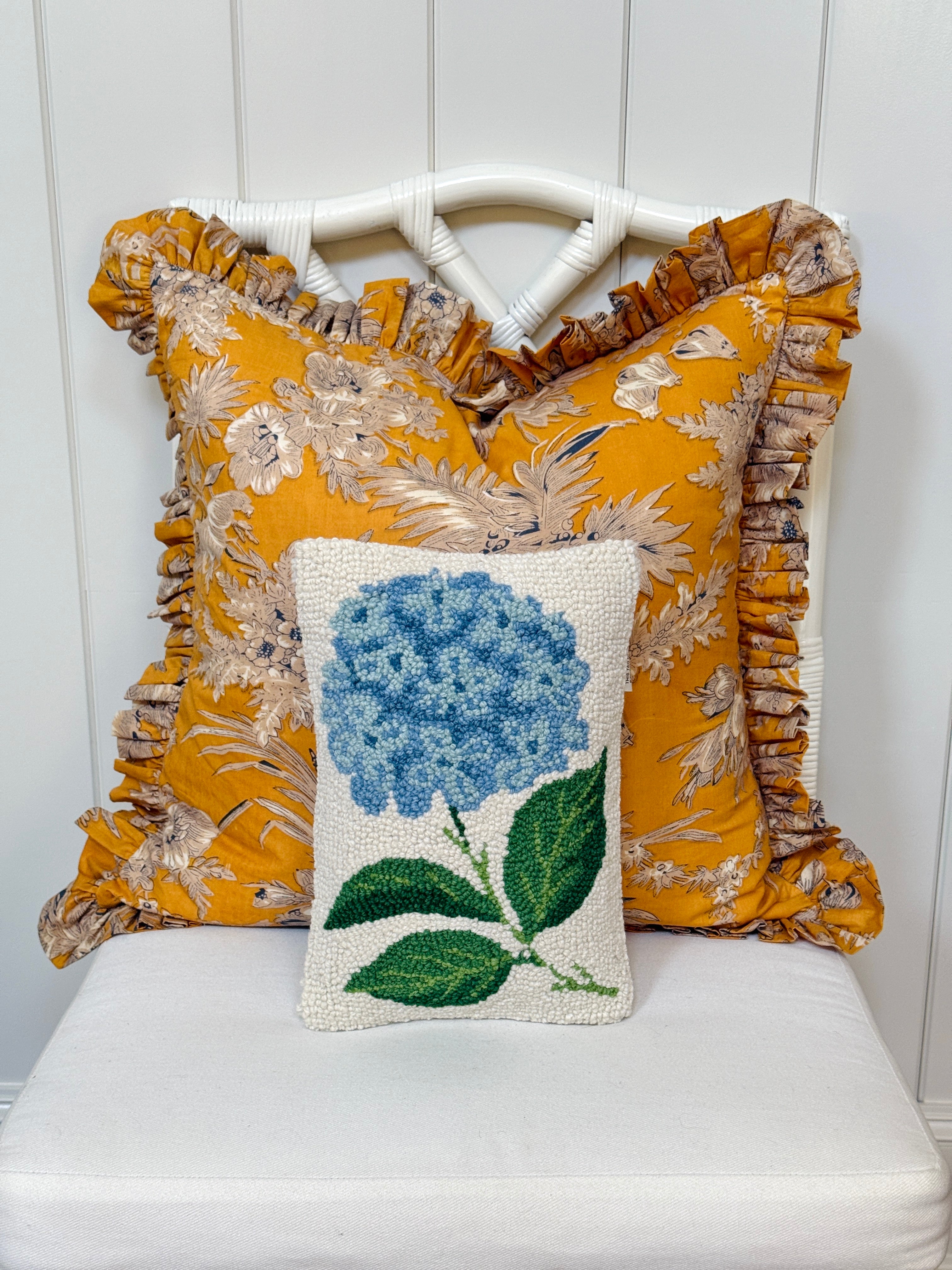 Little hand hooked hydrangea pillow