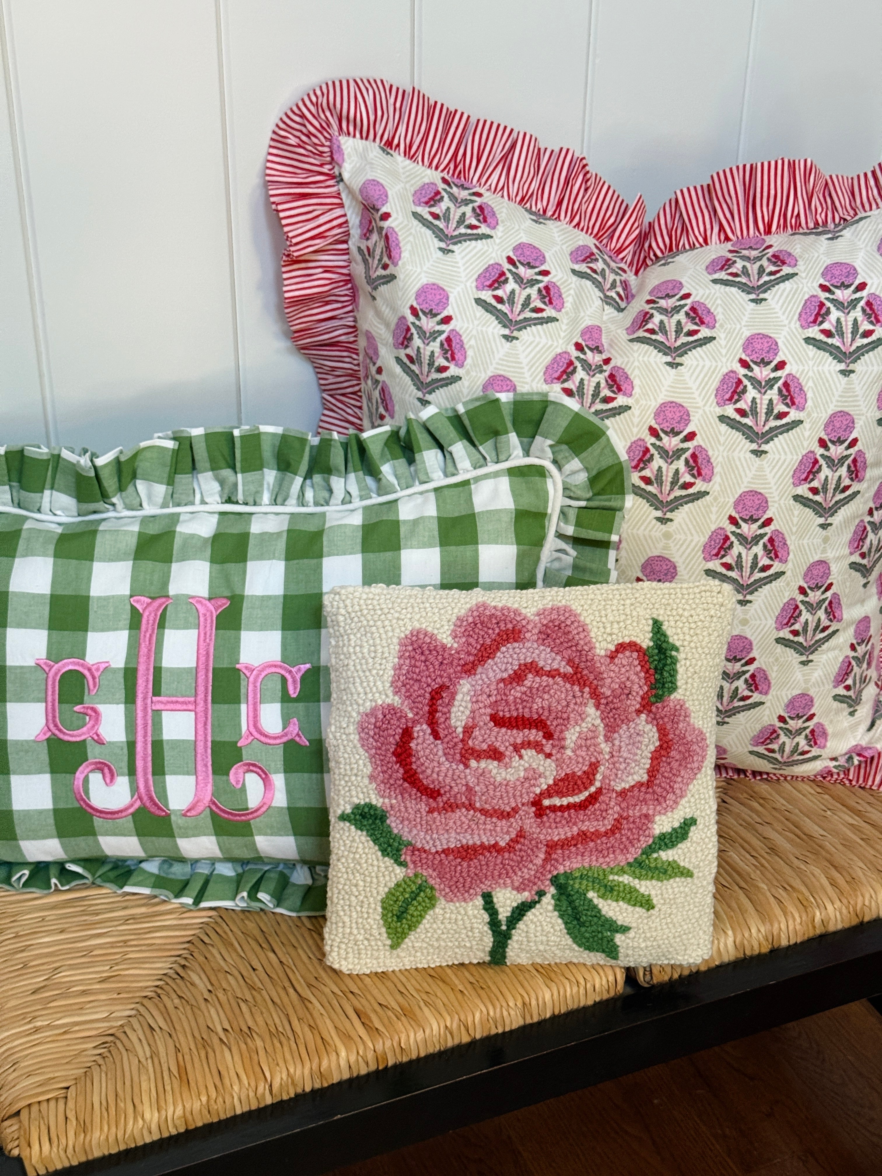 Little pink peony hand hooked pillow