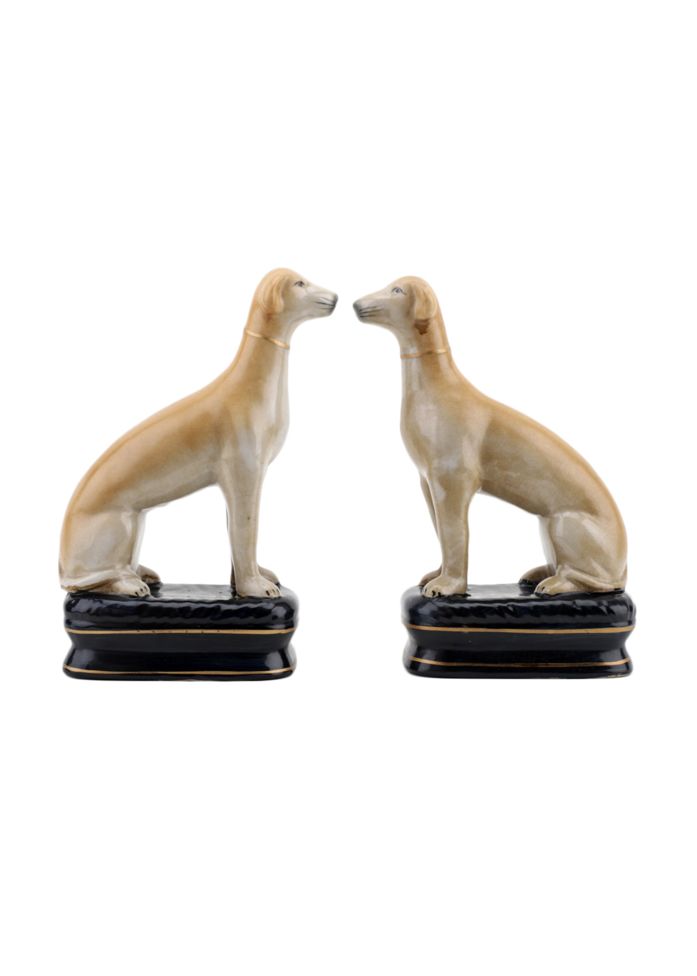 Staffordshire dog pair Whippets on cushions 8.5” tall