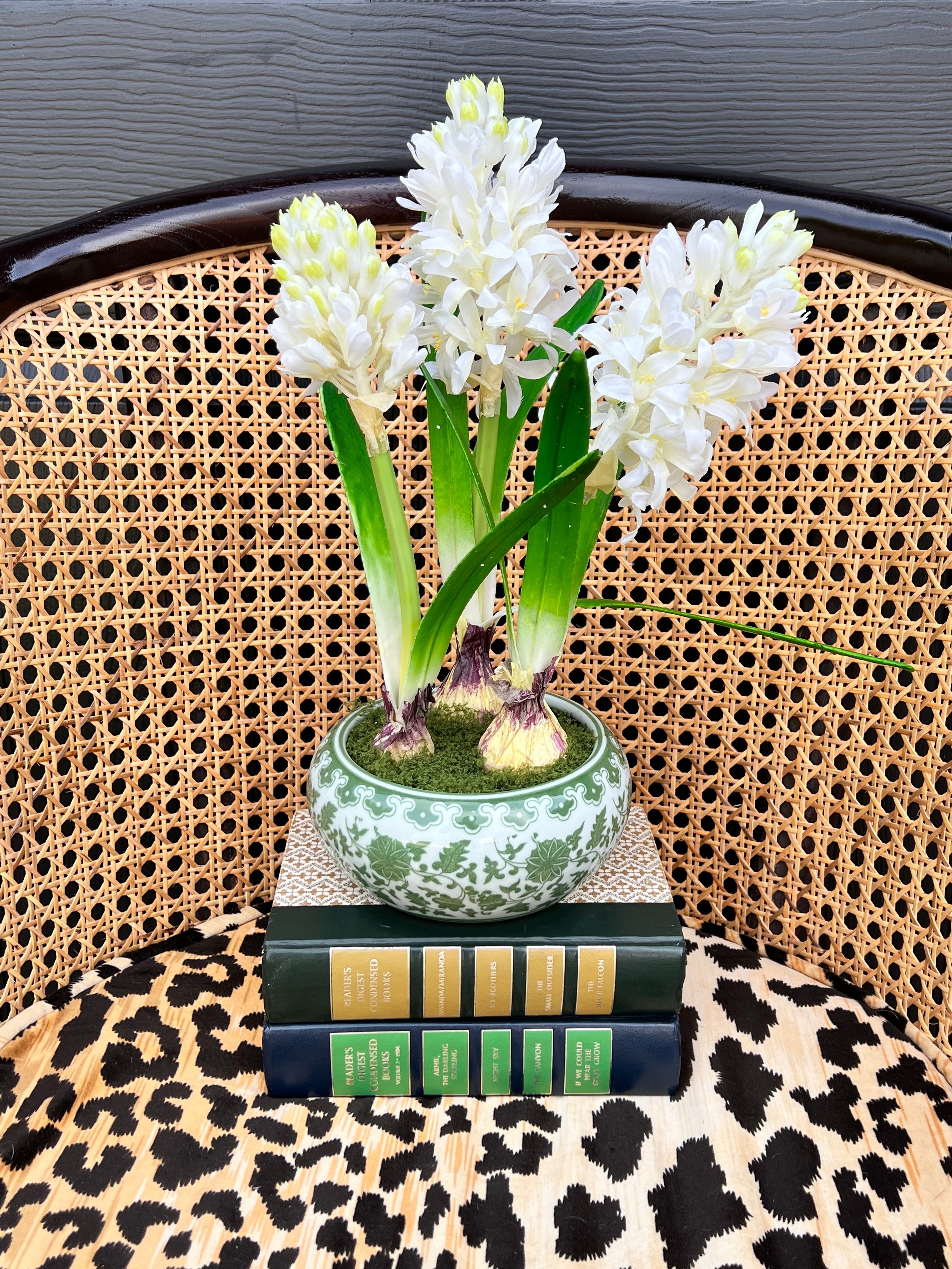 Faux Hyacinth bulbs in green and white chinoiserie planter