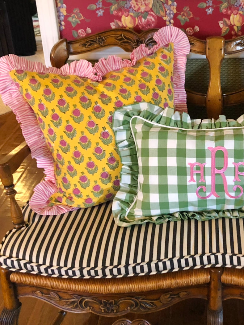 Yellow and pink block print floral pillow cover with pink striped ruffle, monogram available