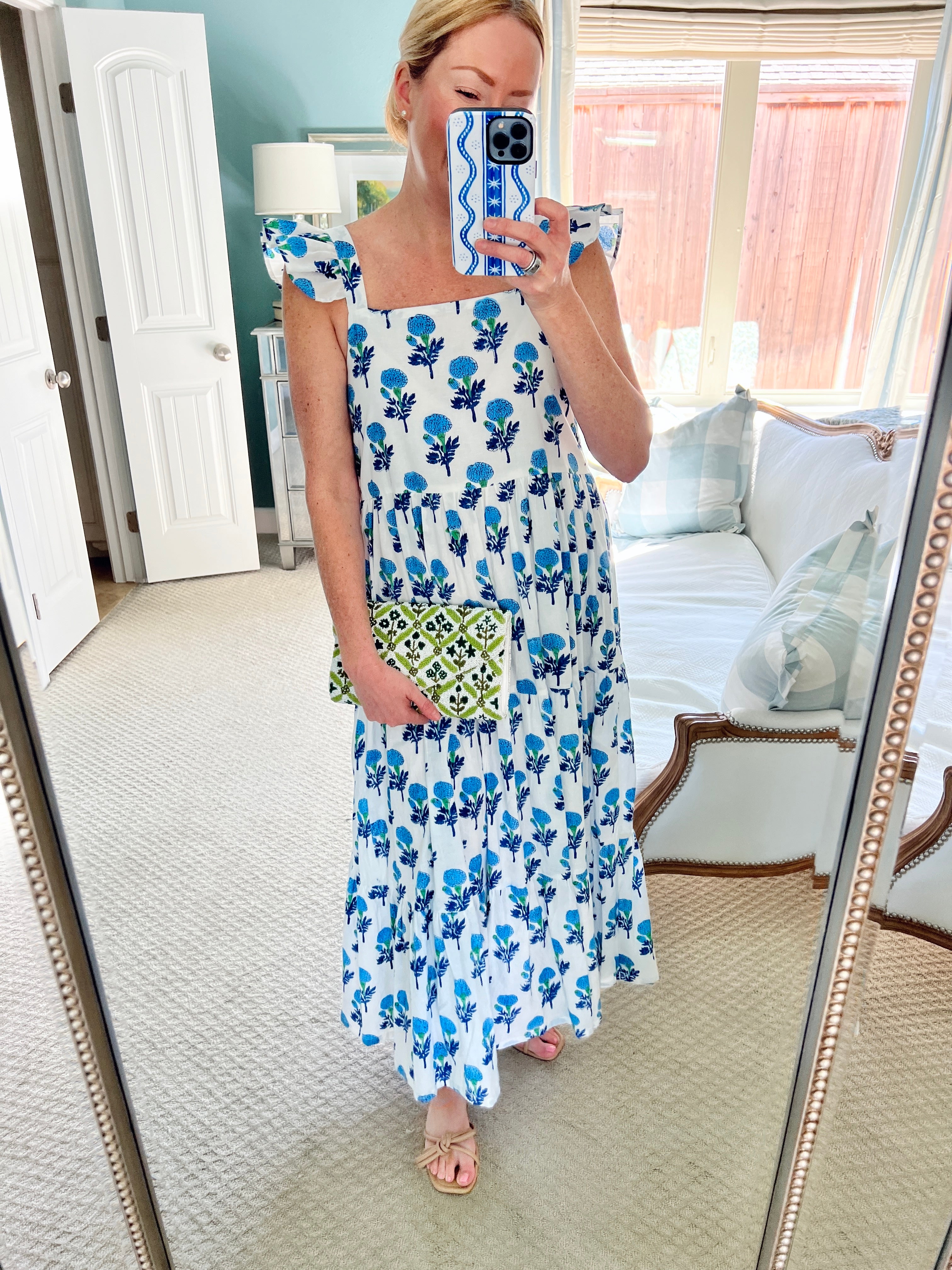 Blue and white blossom ruffle shoulder maxi sundress