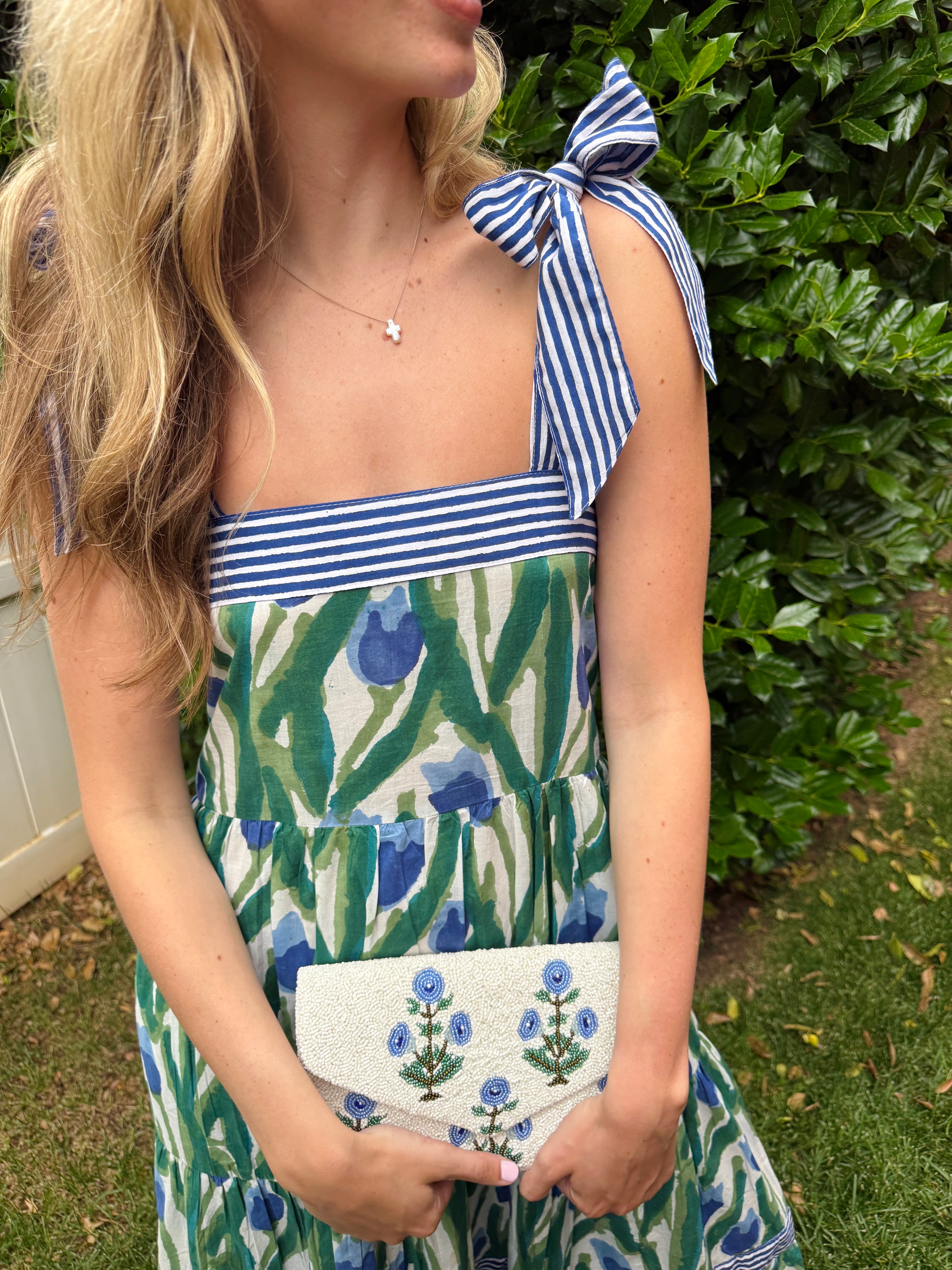 Maisie Maxi Dress in blue and green tulip block print