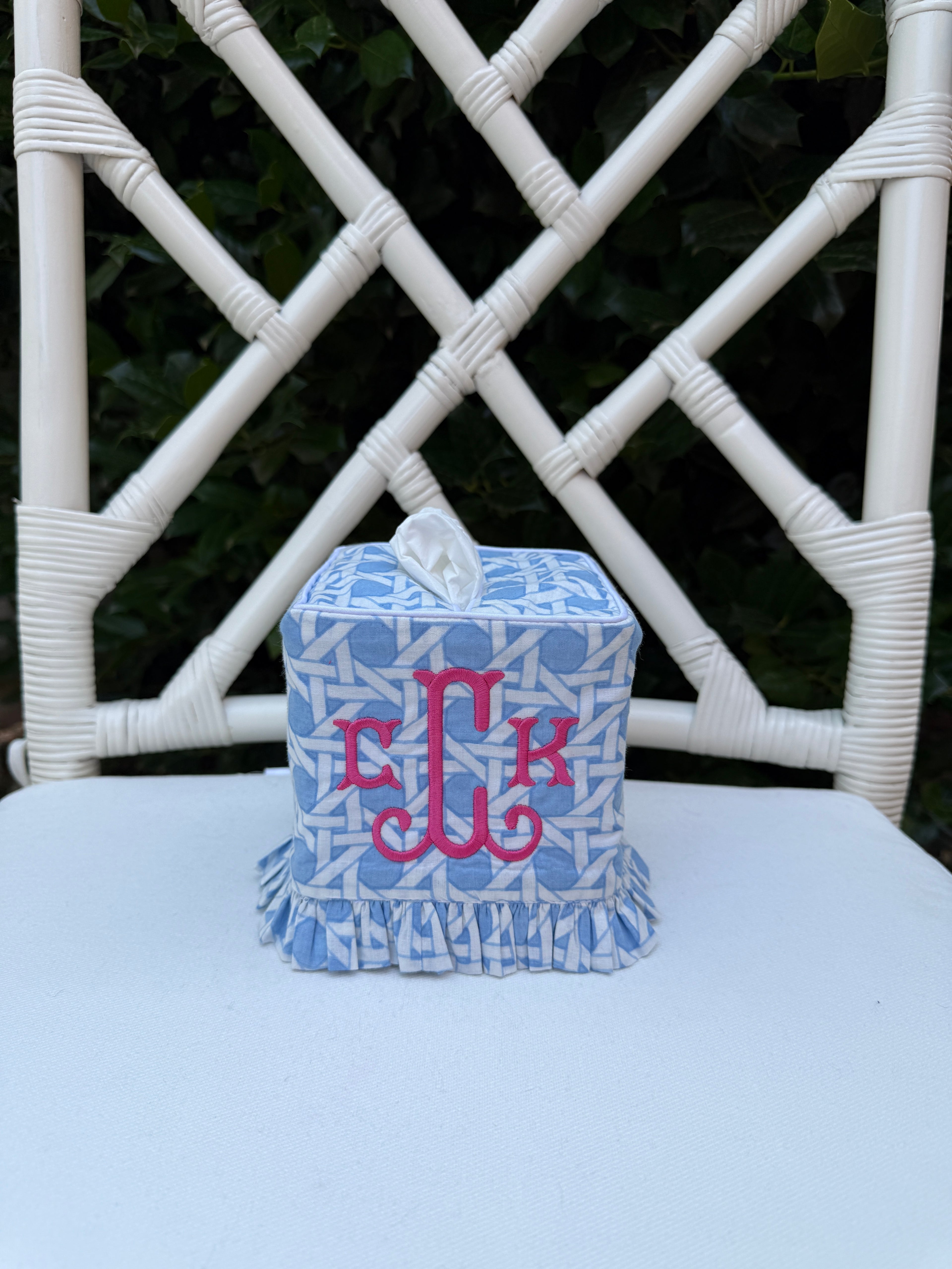 Light blue cane trellis block printed ruffle tissue cover, custom monogram available