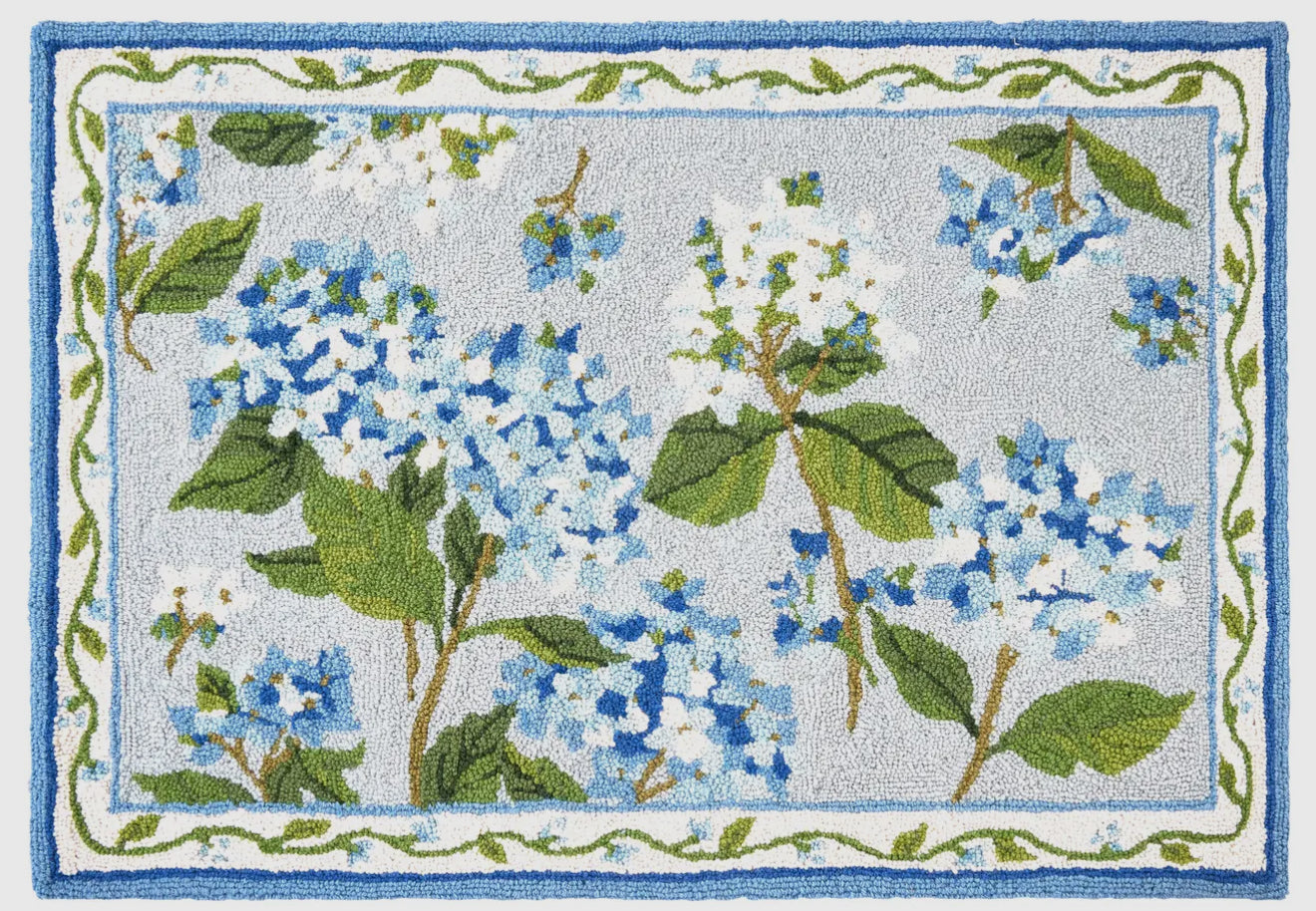 Blue hydrangea hand hooked accent rug