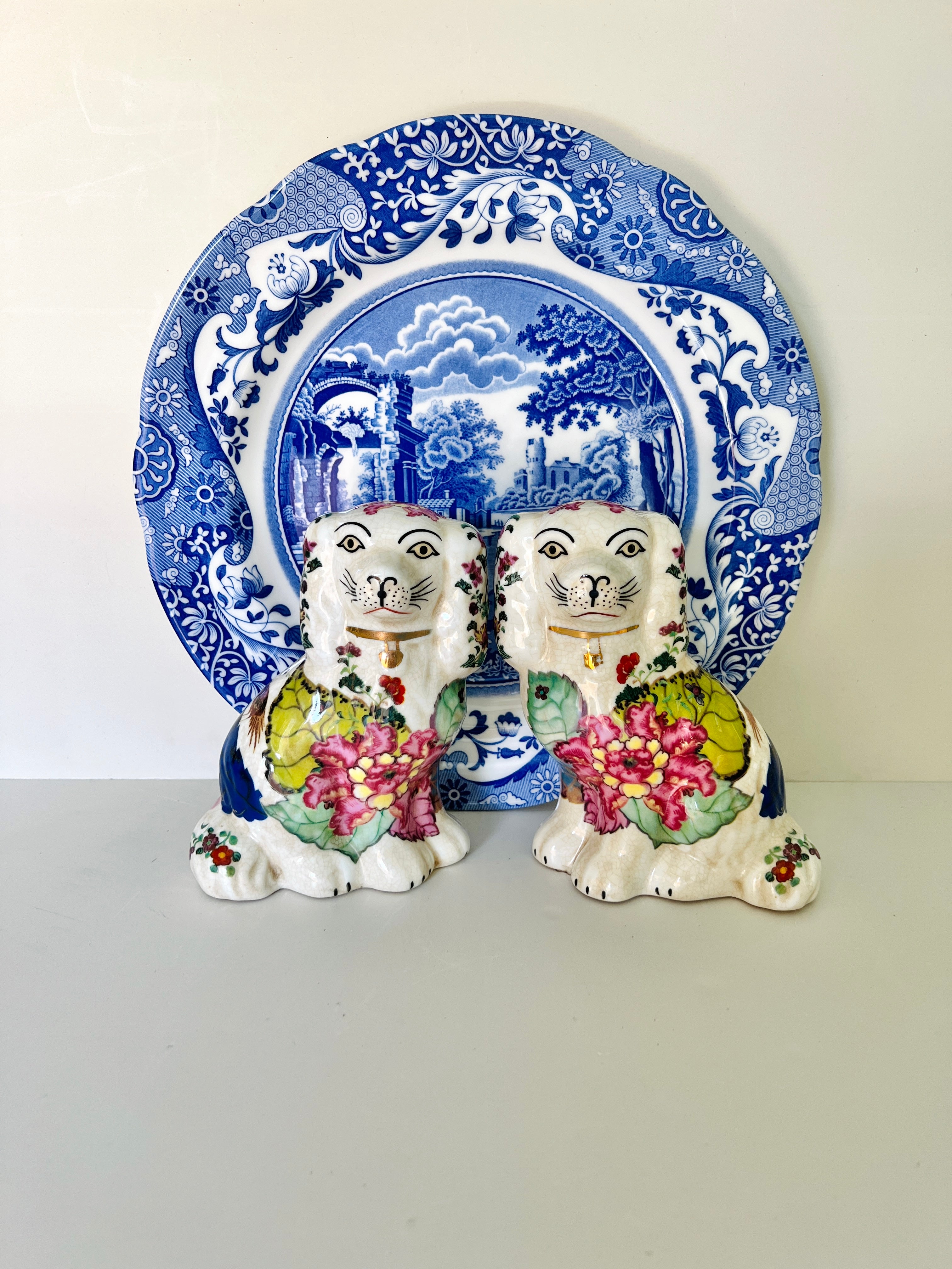 Tobacco Leaf floral Staffordshire dog pair 6”