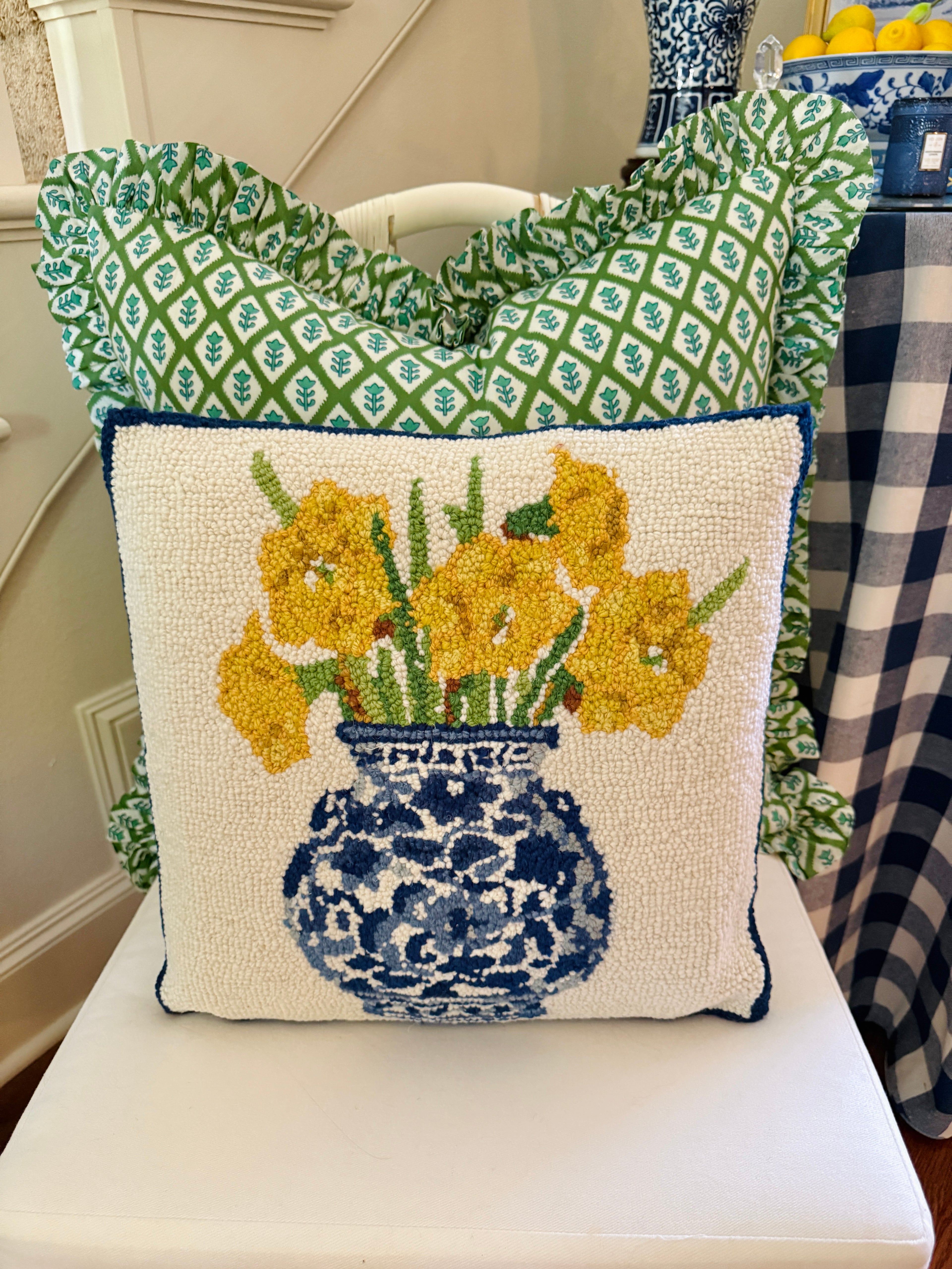 Hand hooked wool yellow daffodils and chinoiserie pillow