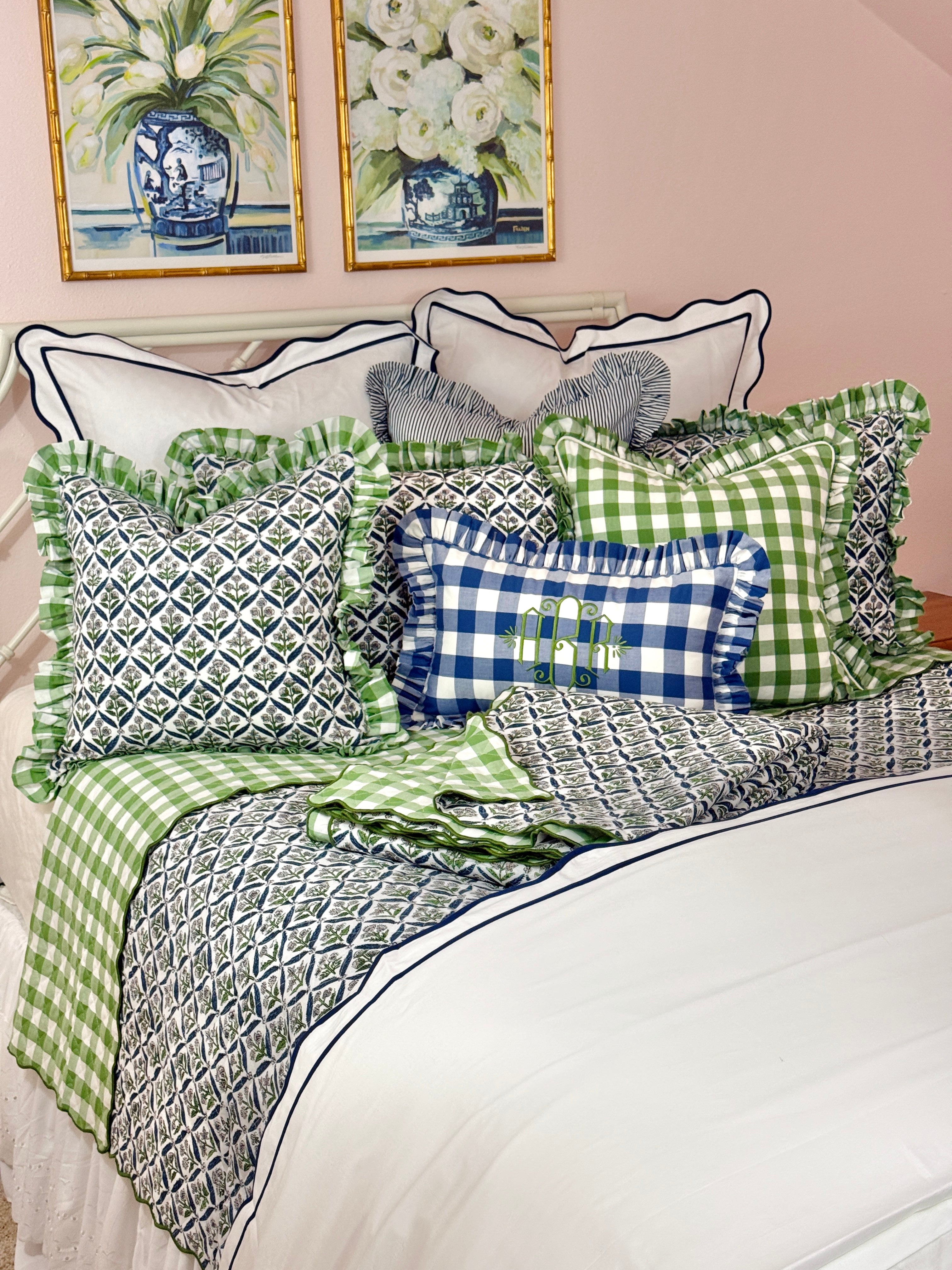 Blue and green floral trellis block print bedding collection