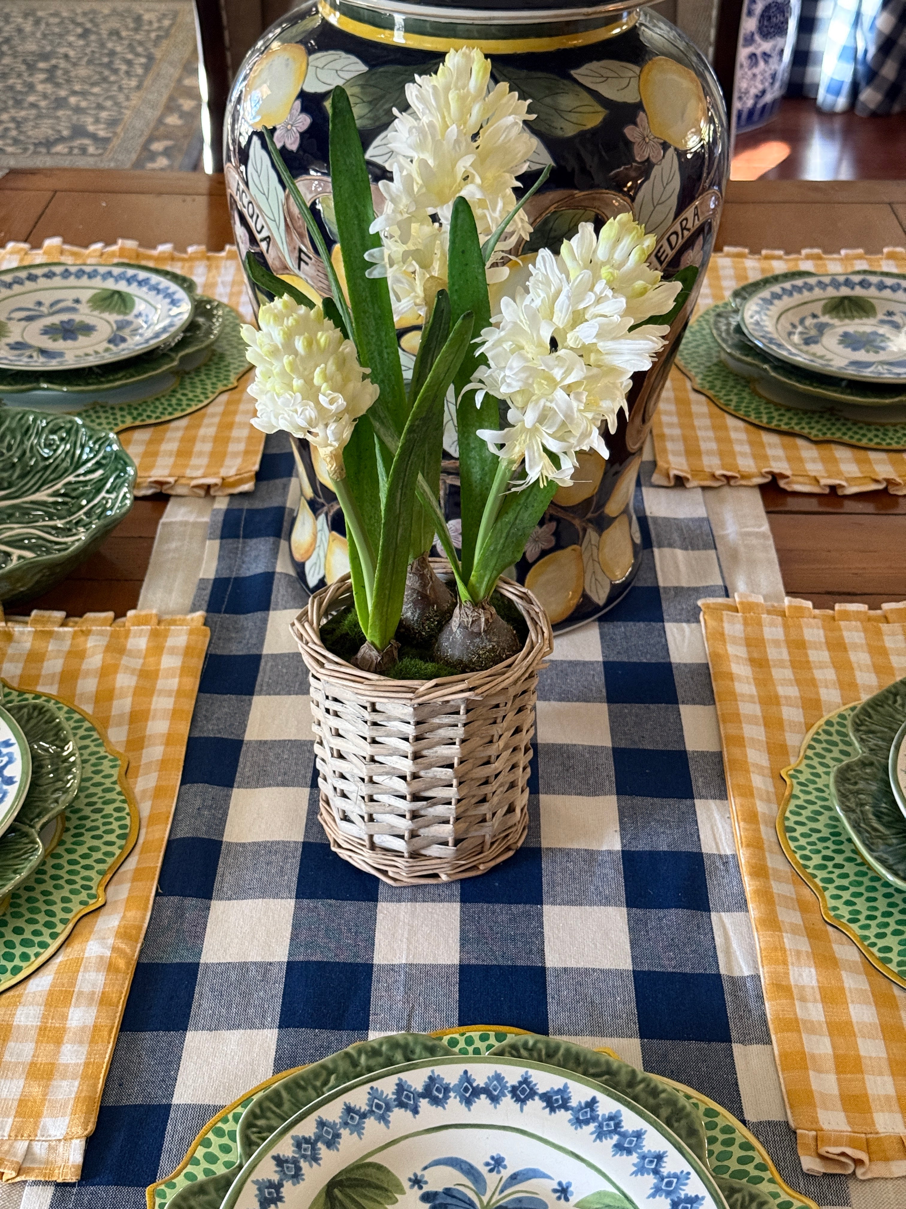 Faux Hyacinth bulbs in wicker basket