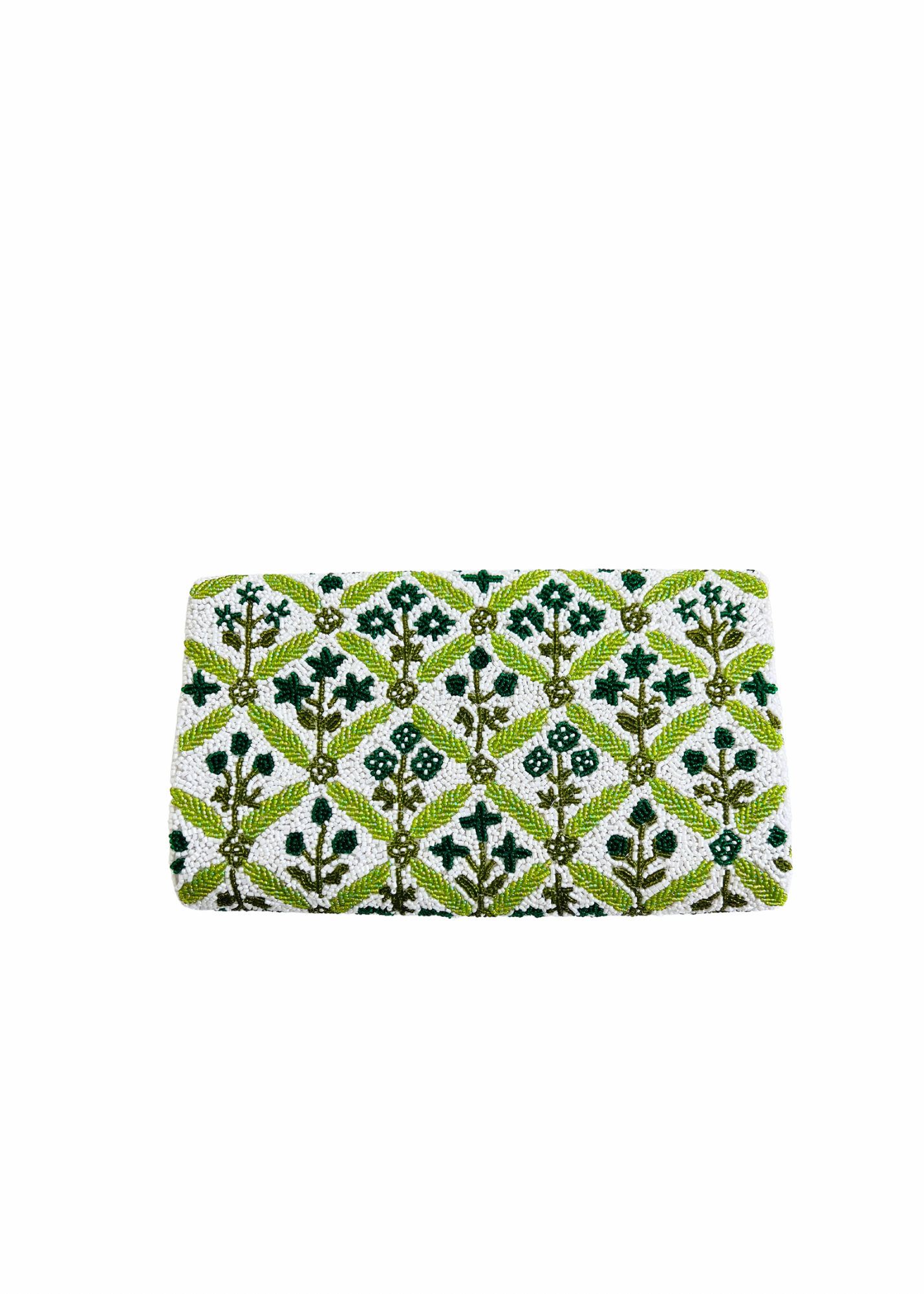 Hand beaded green and white block print floral trellis clutch