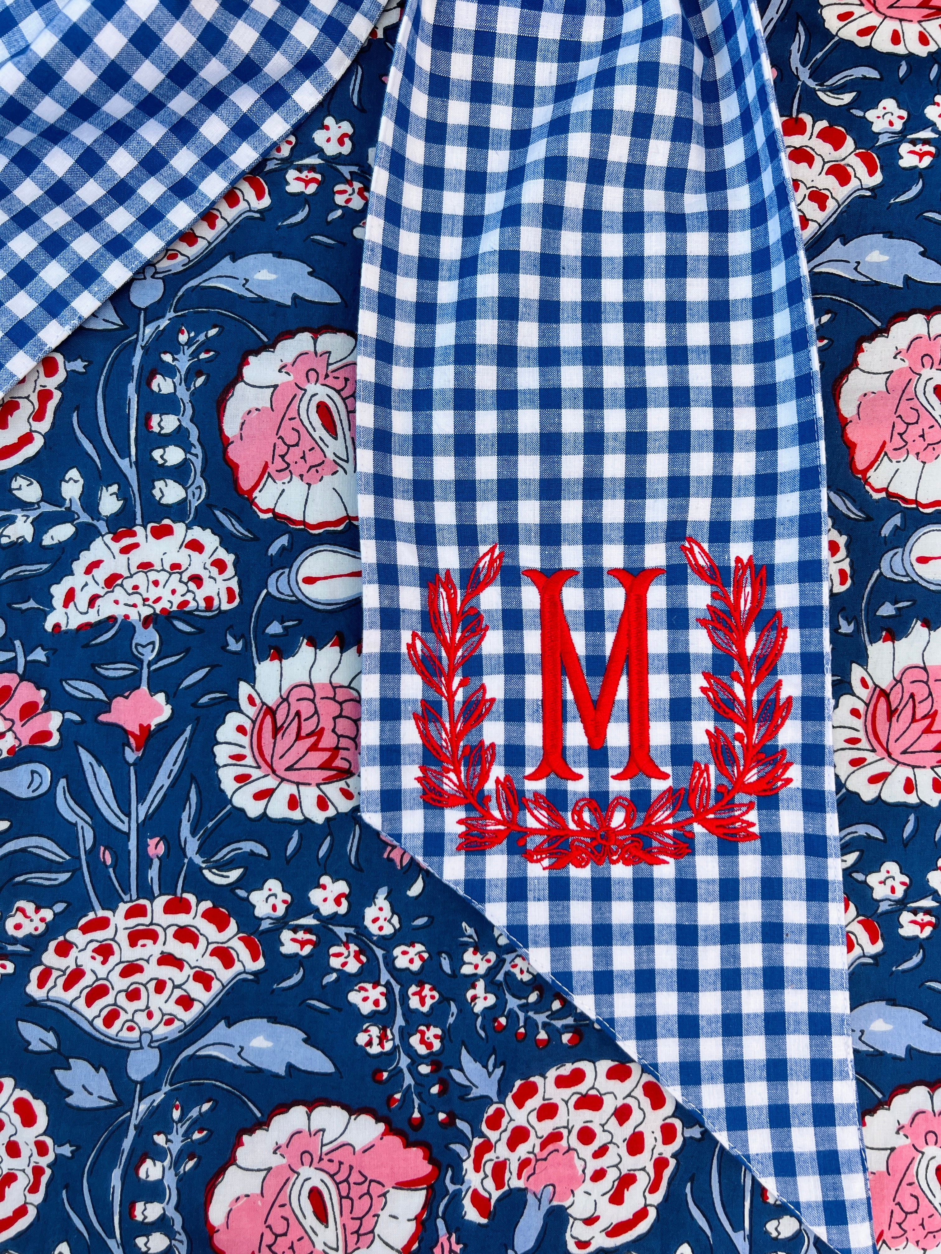 Royal blue and white gingham wreath bow sash custom monogram available