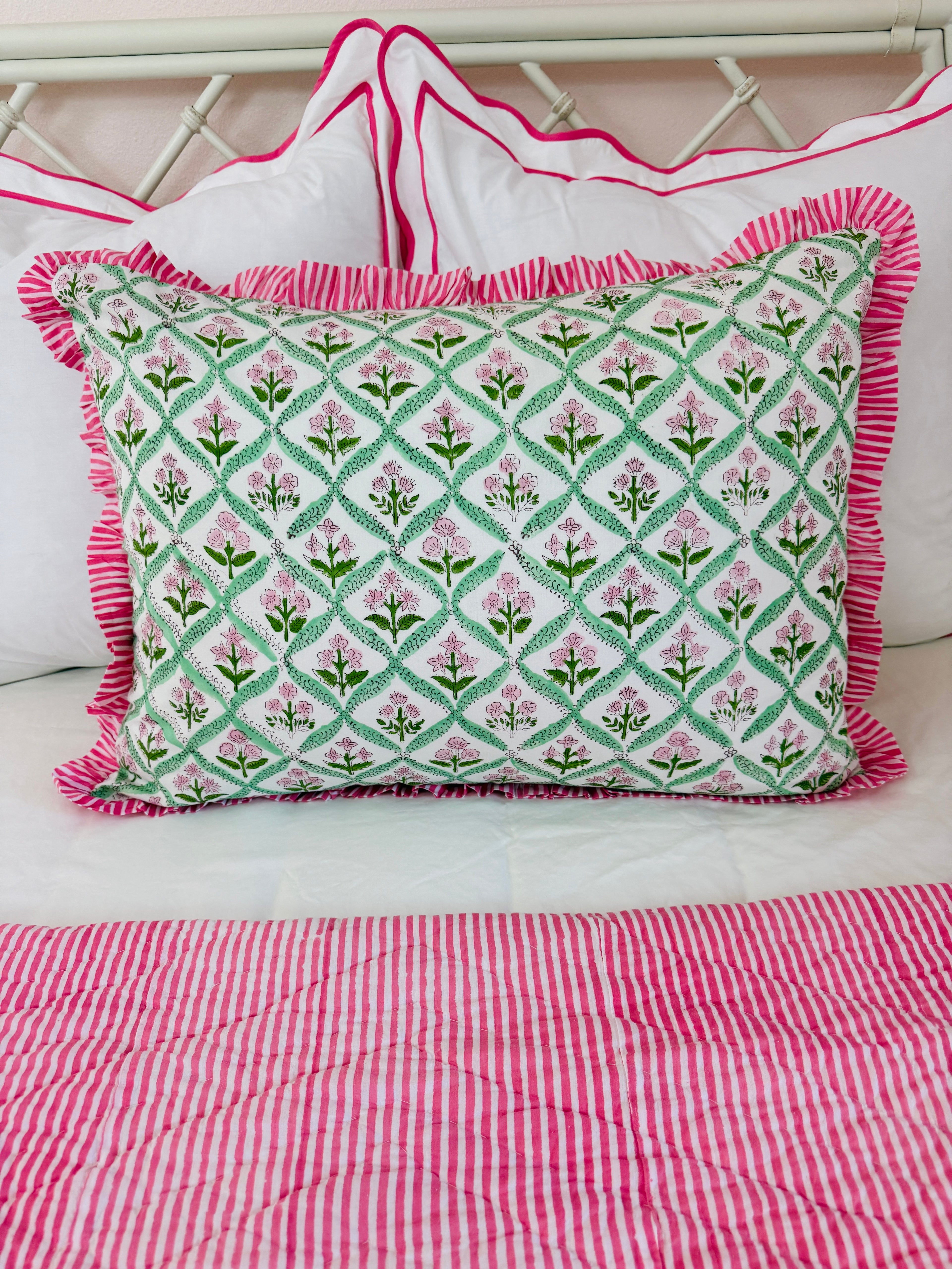 Hot pink and green floral trellis block print bedding collection
