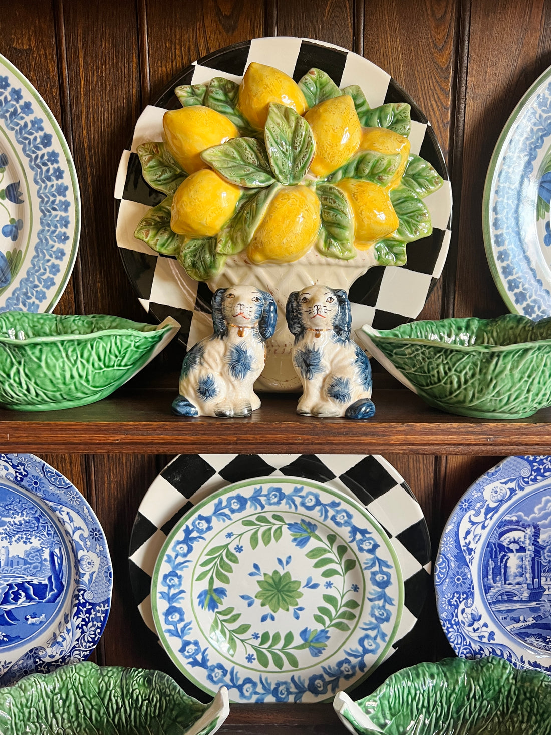 Blue porcelain Staffordshire dog salt and pepper shaker set