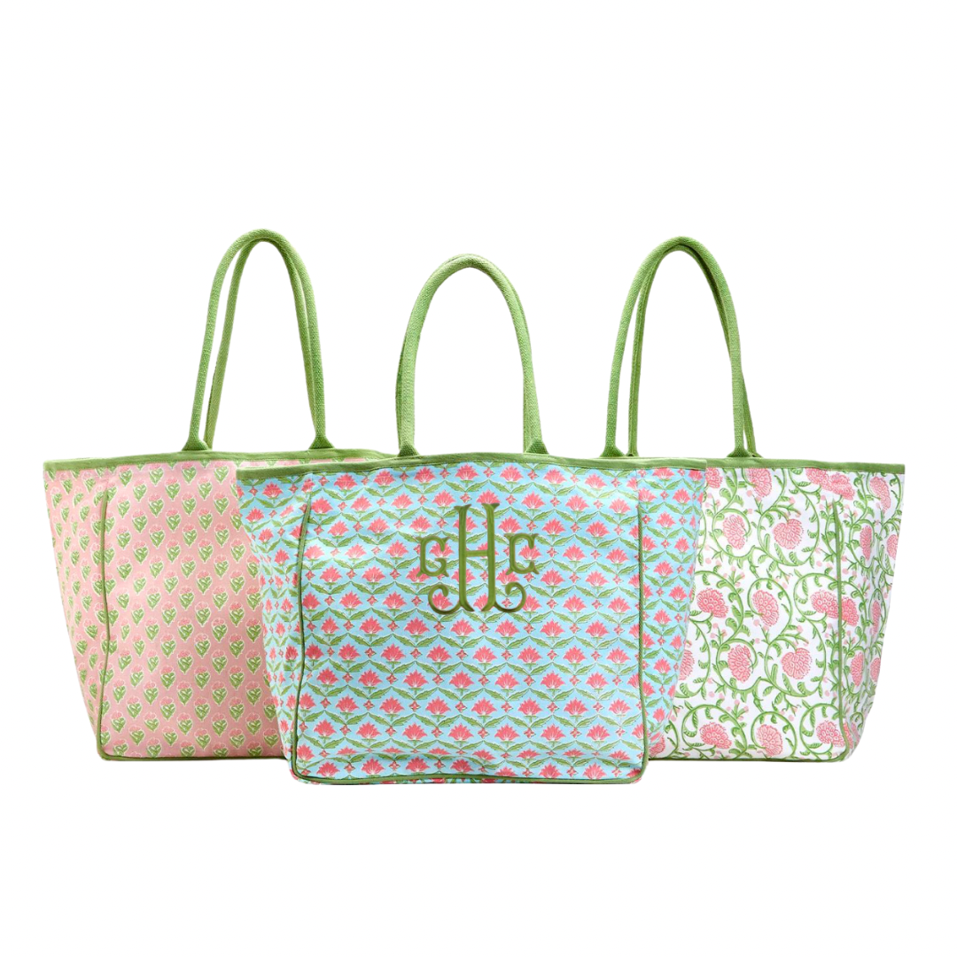 Floral block print tote bag, 3 colors, monogram available