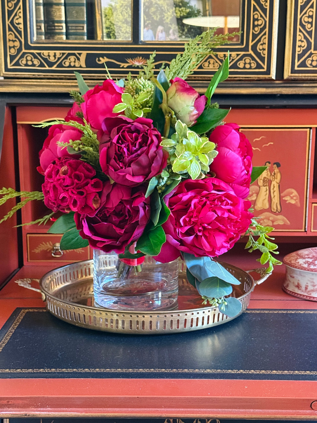 Fuchsia, magenta, and red winter faux floral drop-in bouquet