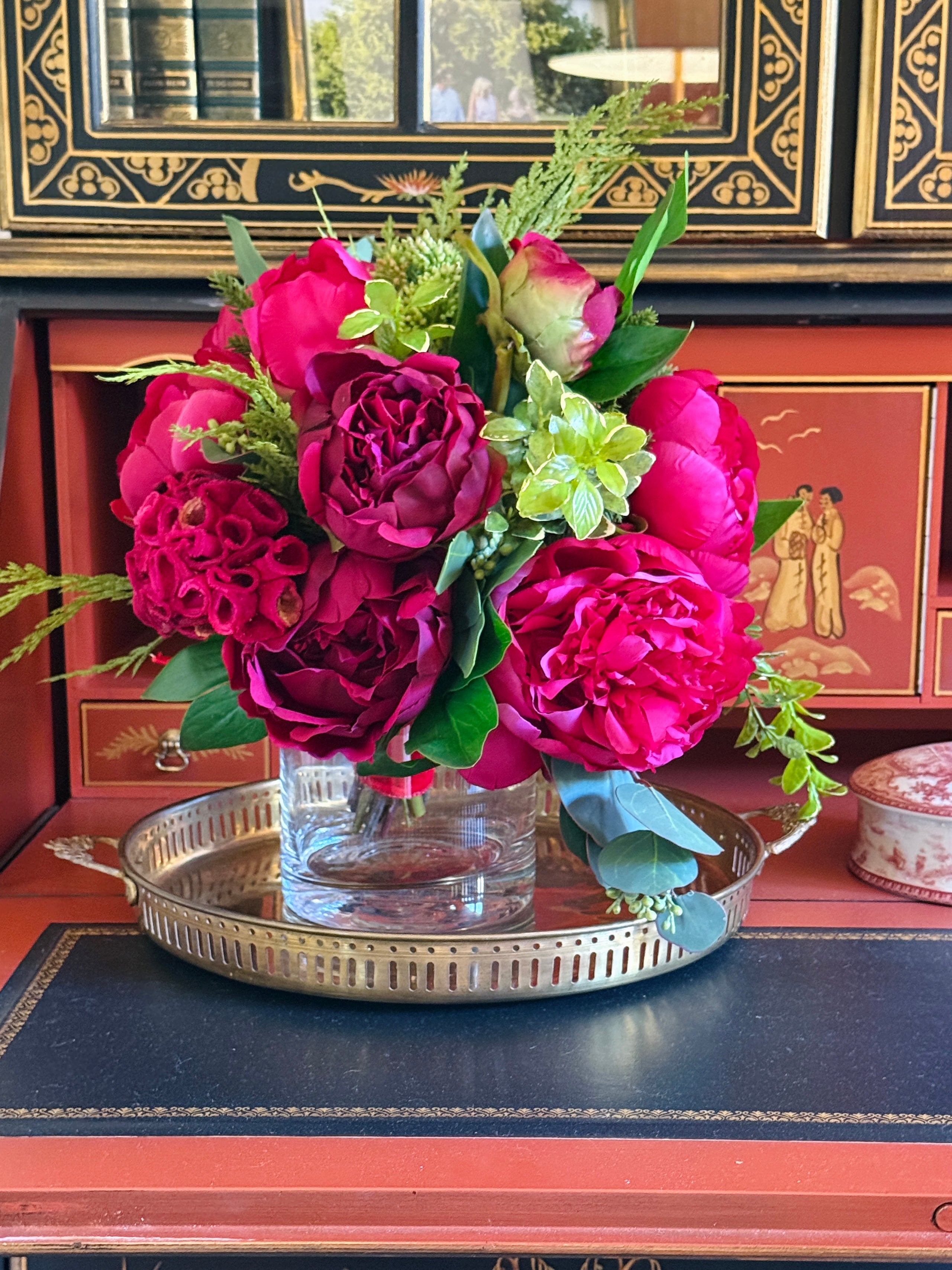 Fuchsia, magenta, and red winter faux floral drop-in bouquet